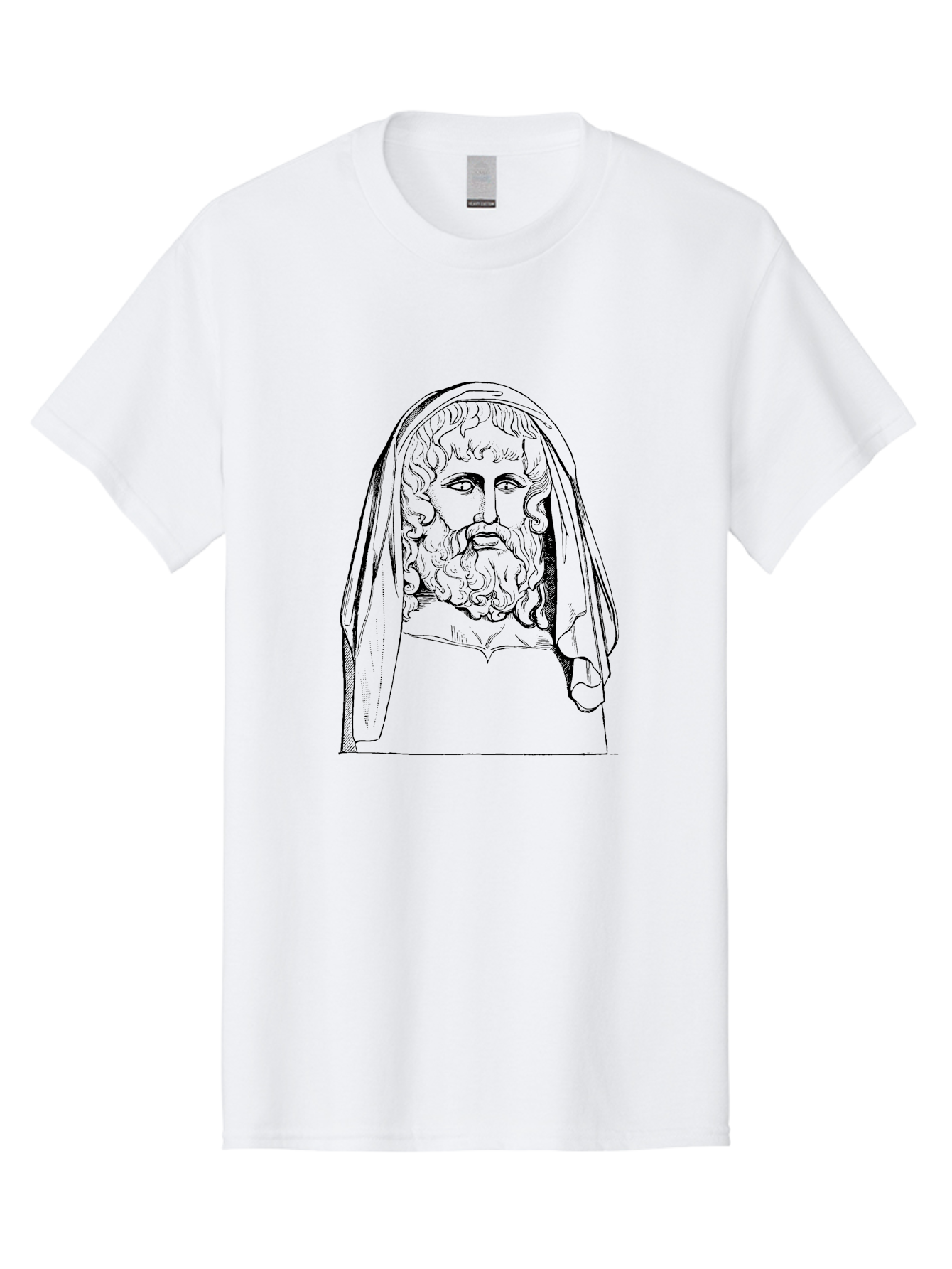 classical illustration, ancient Greek poet, bearded man, curly hair, hooded figure, literary figure, historical portrait, vintage artwork, traditional drawing
