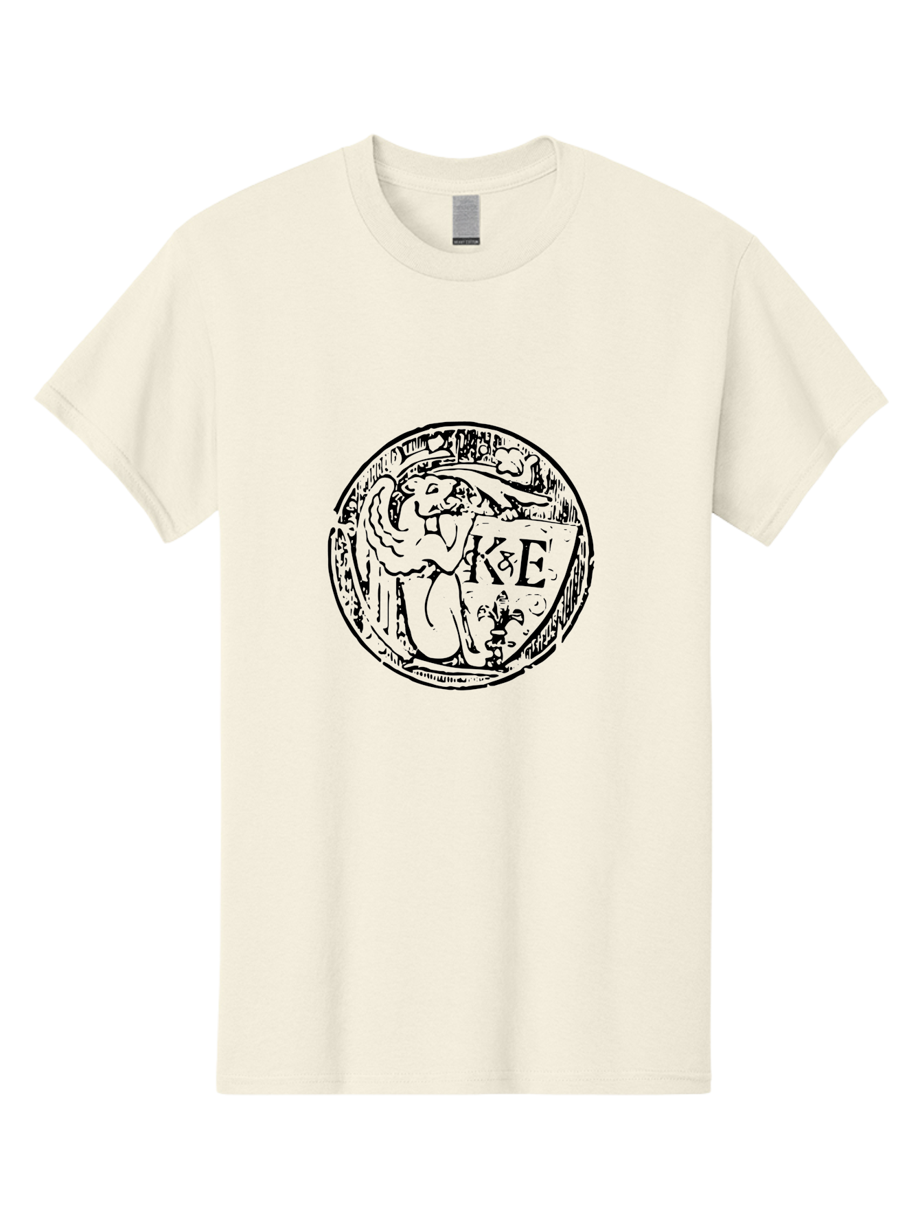 Ke-Logo Men'S Graphic Tee, 100% Cotton, Comfortable Casual Summer Wear, Machine Washable, Black Logo, Angel Holding Shield, 'Ke' Emblem, Circular Design, Mystical Symbol, Medieval Art, Gothic Style, Mysterious Figure, Artistic Logo -  Aaa546