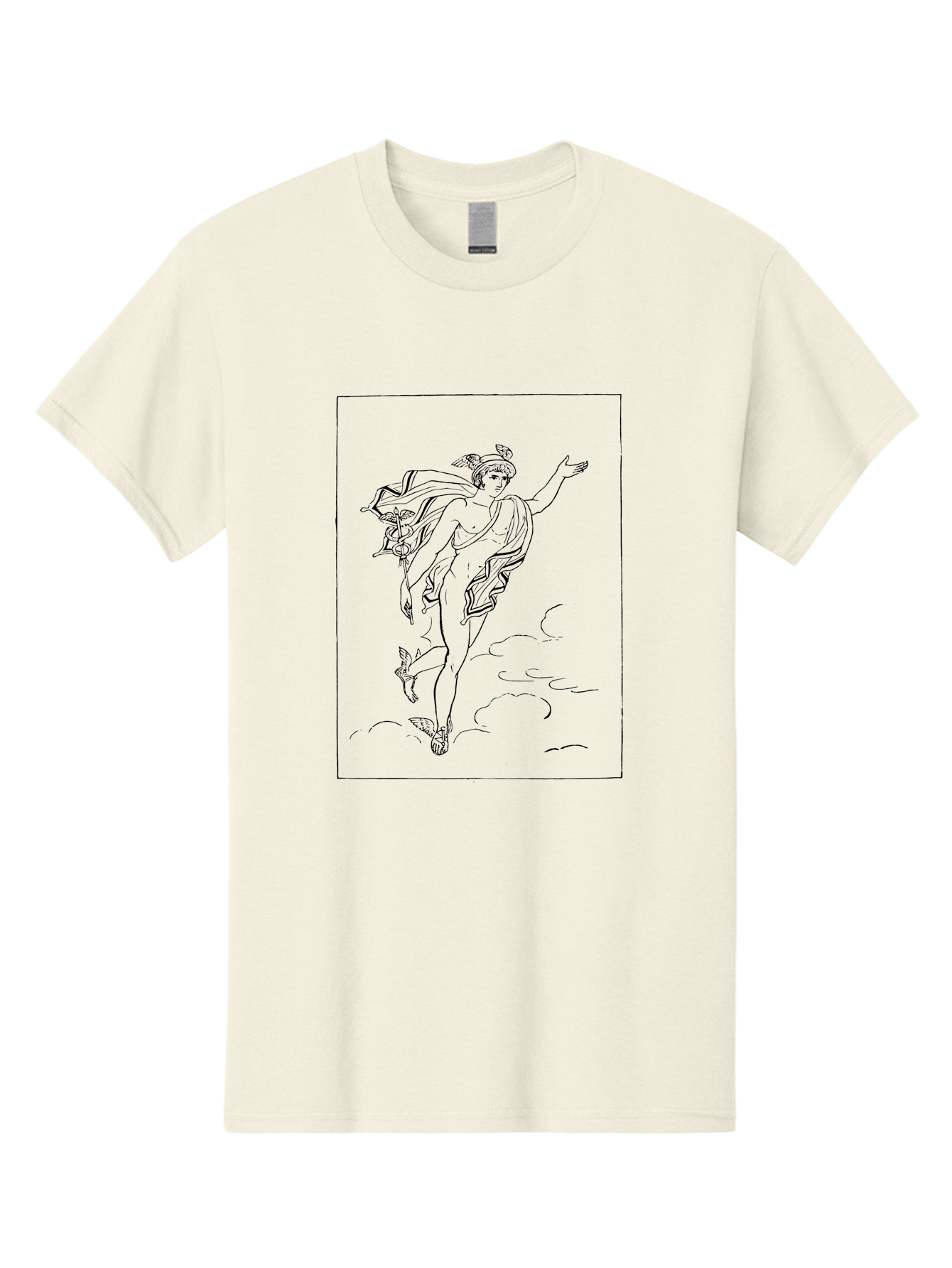 Nike-Adjusting-Her-Sandal Men'S Graphic Tee, 100% Cotton, Comfortable Casual Summer Wear, Machine Washable, Classical Art, Greek Goddess, Nike, Winged Figure, Flowing Robes, Sandals, Elegant Pose, Black Line Drawing, Minimalist Style, -  Aaa552