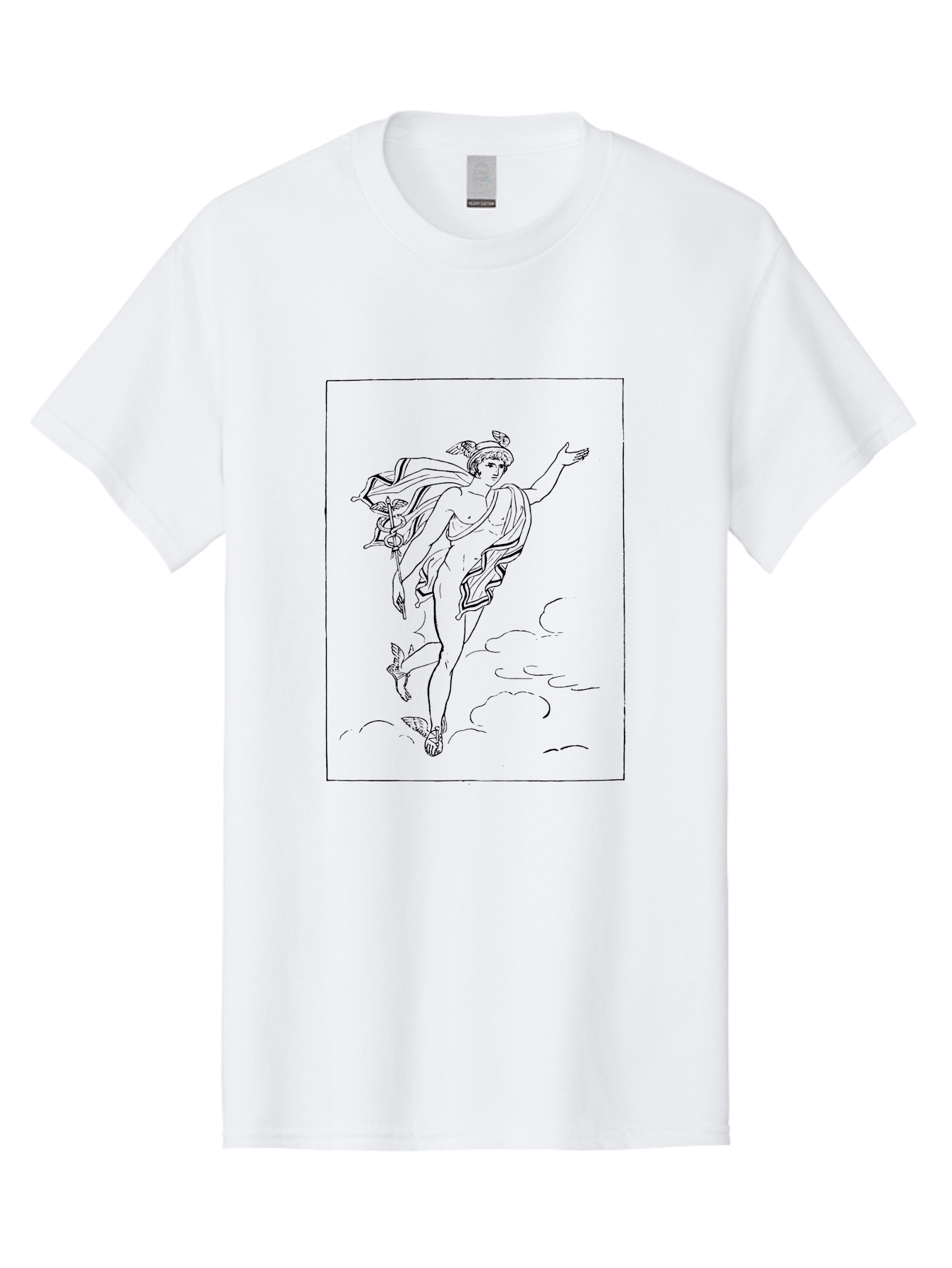 Nike-Adjusting-Her-Sandal Men'S Graphic Tee, 100% Cotton, Comfortable Casual Summer Wear, Machine Washable, Classical Art, Greek Goddess, Nike, Winged Figure, Flowing Robes, Sandals, Elegant Pose, Black Line Drawing, Minimalist Style, -  Aaa552