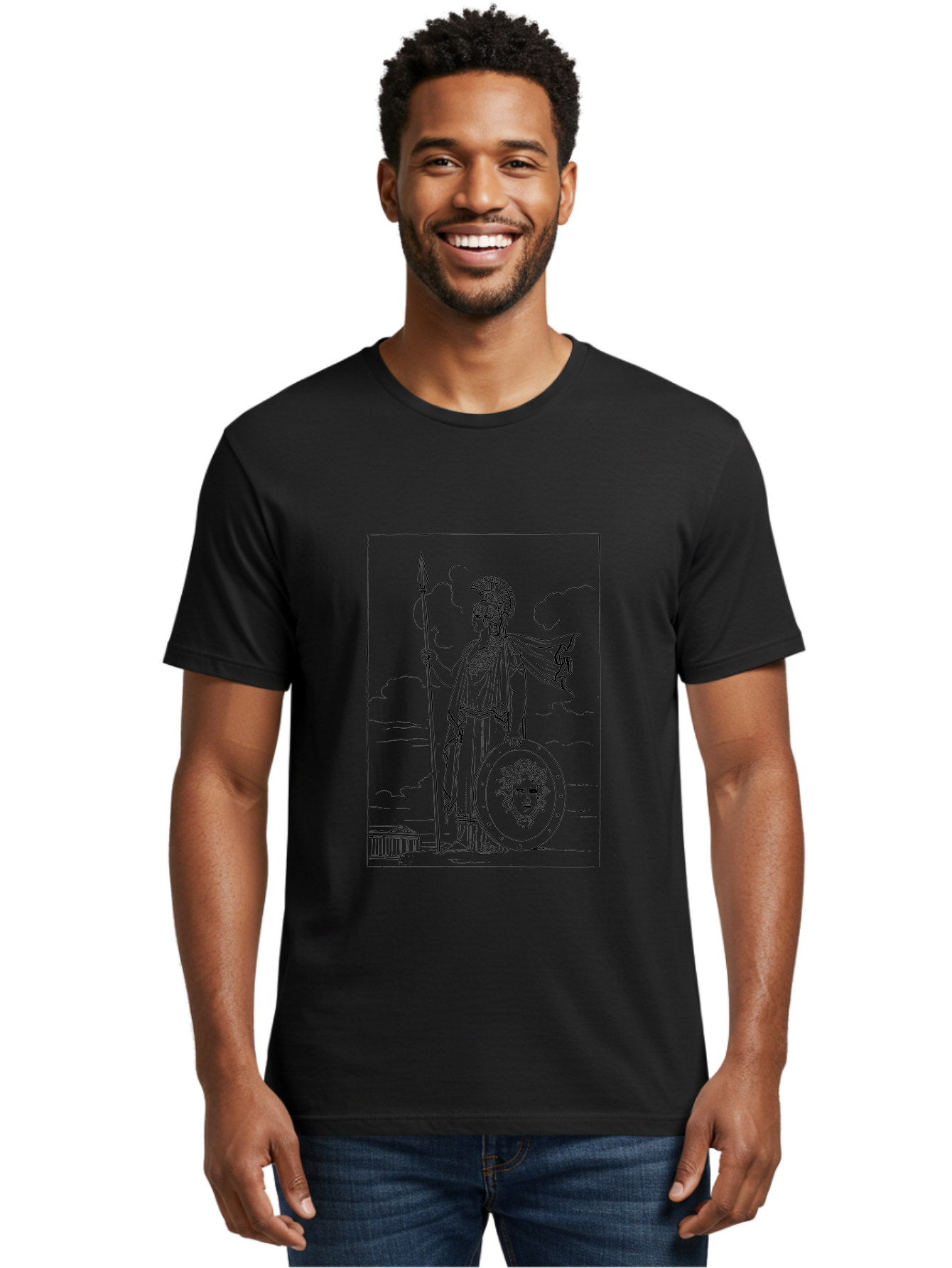 Pallas-Athena Men'S Graphic Tee, 100% Cotton, Comfortable Casual Summer Wear, Machine Washable, Athena Standing, Greek Goddess, Spear In Hand, Shield With Medusa'S Head, Classical Greek Attire, Helmet And Cape, Ancient Greek Architecture, -  Aaa555