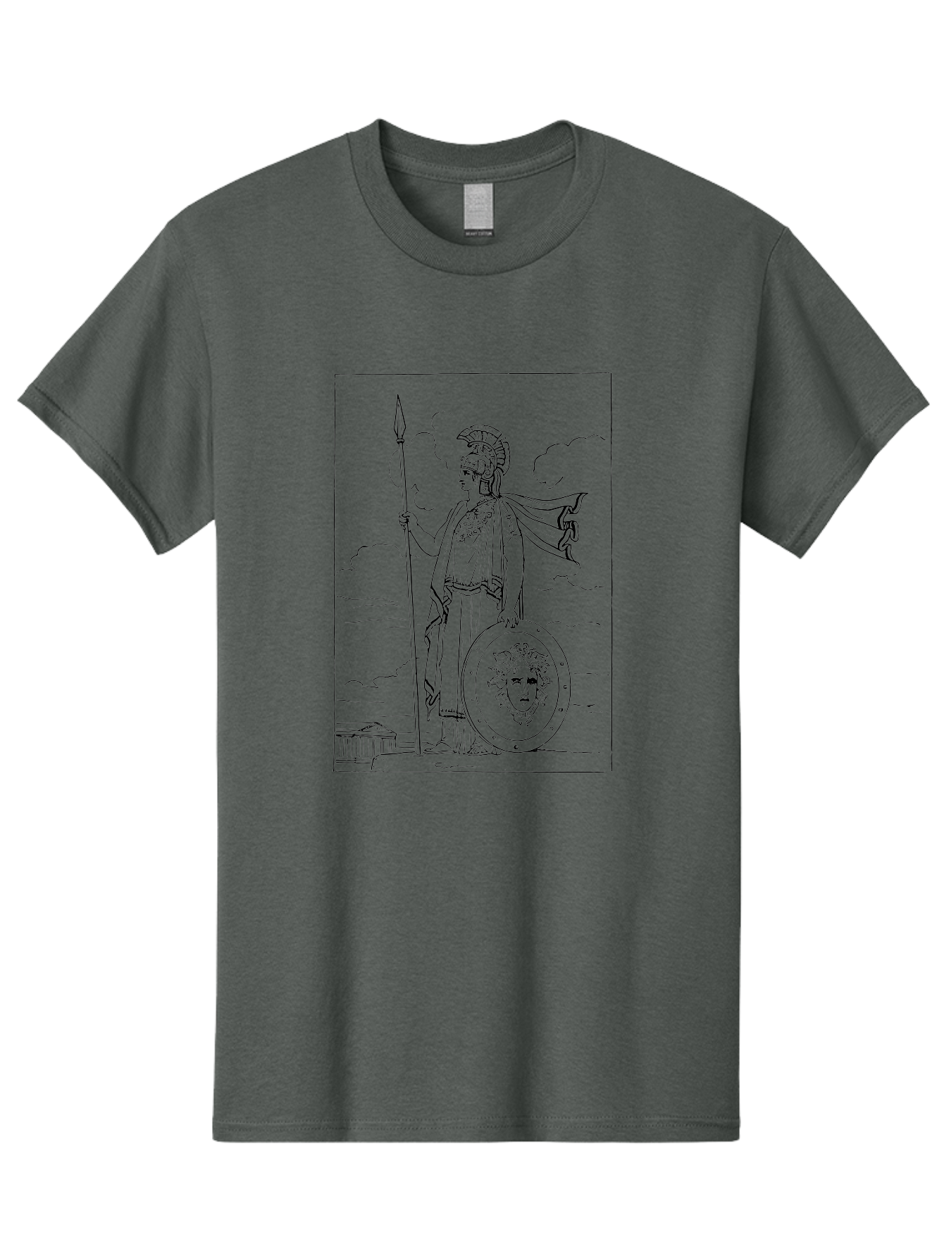 Pallas-Athena Men'S Graphic Tee, 100% Cotton, Comfortable Casual Summer Wear, Machine Washable, Athena Standing, Greek Goddess, Spear In Hand, Shield With Medusa'S Head, Classical Greek Attire, Helmet And Cape, Ancient Greek Architecture, -  Aaa555