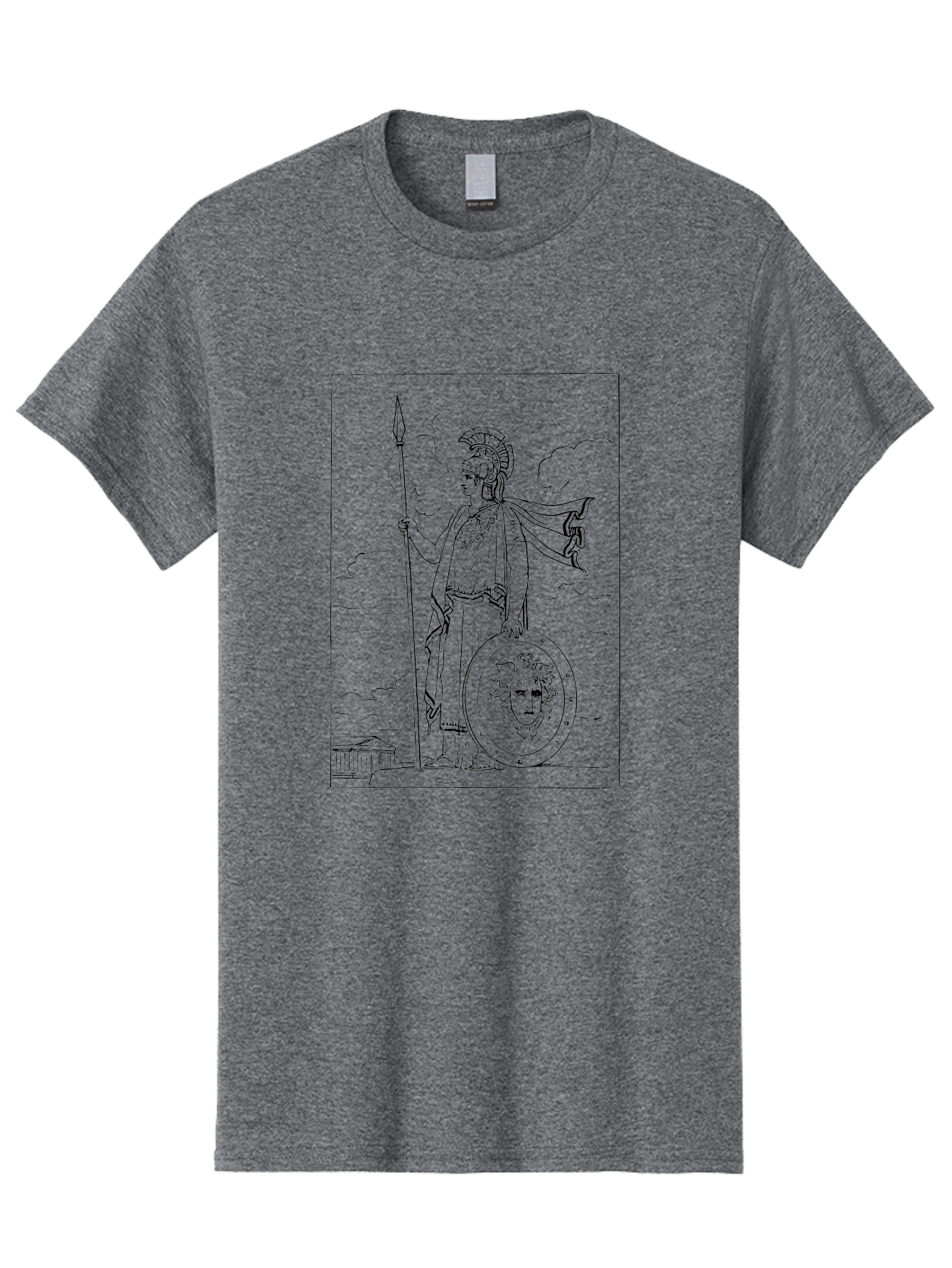 Pallas-Athena Men'S Graphic Tee, 100% Cotton, Comfortable Casual Summer Wear, Machine Washable, Athena Standing, Greek Goddess, Spear In Hand, Shield With Medusa'S Head, Classical Greek Attire, Helmet And Cape, Ancient Greek Architecture, -  Aaa555