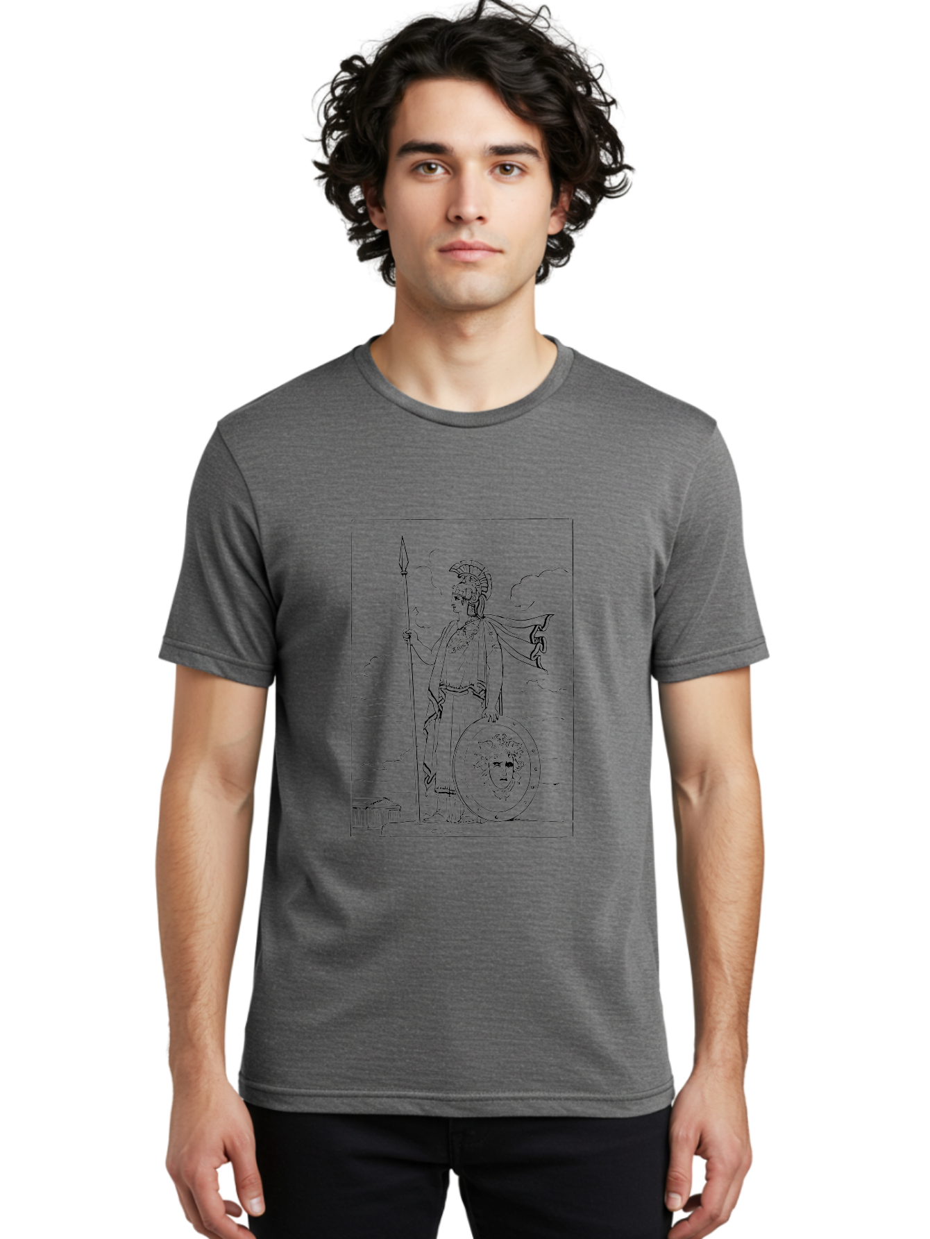 Athena standing, Greek goddess, spear in hand, shield with Medusa's head, classical Greek attire, helmet and cape, ancient Greek architecture, cloudy sky, mythological figure, Greek mythology, goddess of wisdom