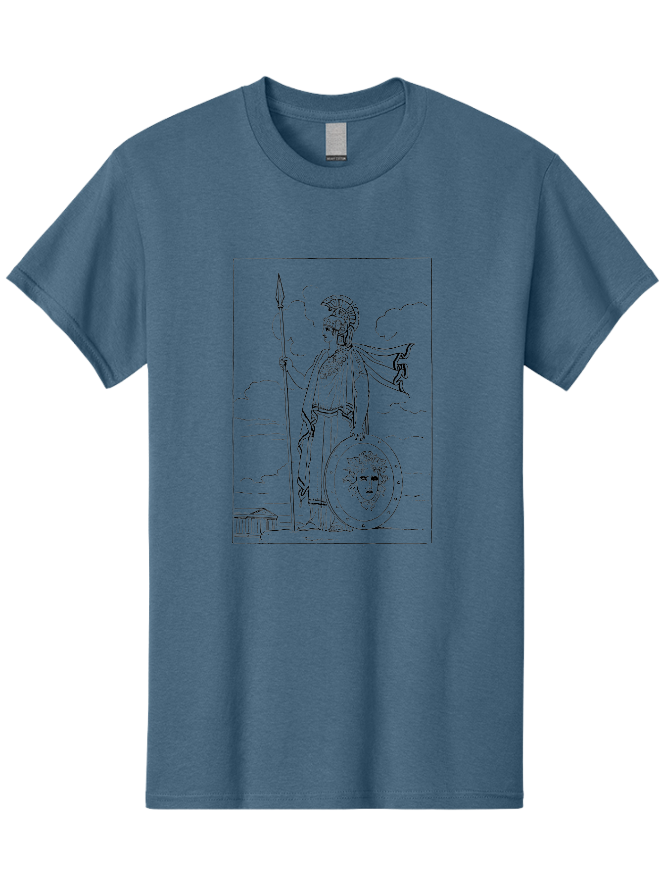 Pallas-Athena Men'S Graphic Tee, 100% Cotton, Comfortable Casual Summer Wear, Machine Washable, Athena Standing, Greek Goddess, Spear In Hand, Shield With Medusa'S Head, Classical Greek Attire, Helmet And Cape, Ancient Greek Architecture, -  Aaa555
