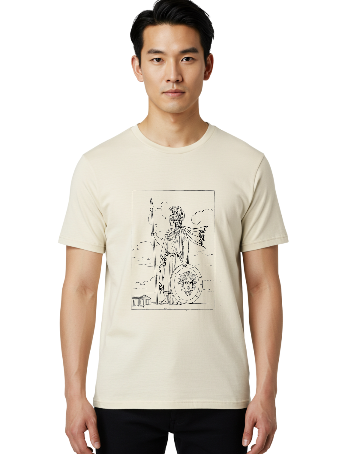 Athena standing, Greek goddess, spear in hand, shield with Medusa's head, classical Greek attire, helmet and cape, ancient Greek architecture, cloudy sky, mythological figure, Greek mythology, goddess of wisdom