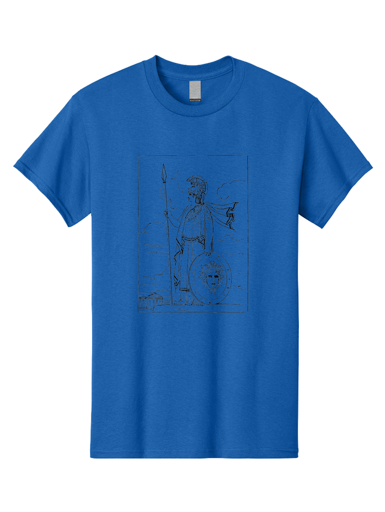 Pallas-Athena Men'S Graphic Tee, 100% Cotton, Comfortable Casual Summer Wear, Machine Washable, Athena Standing, Greek Goddess, Spear In Hand, Shield With Medusa'S Head, Classical Greek Attire, Helmet And Cape, Ancient Greek Architecture, -  Aaa555