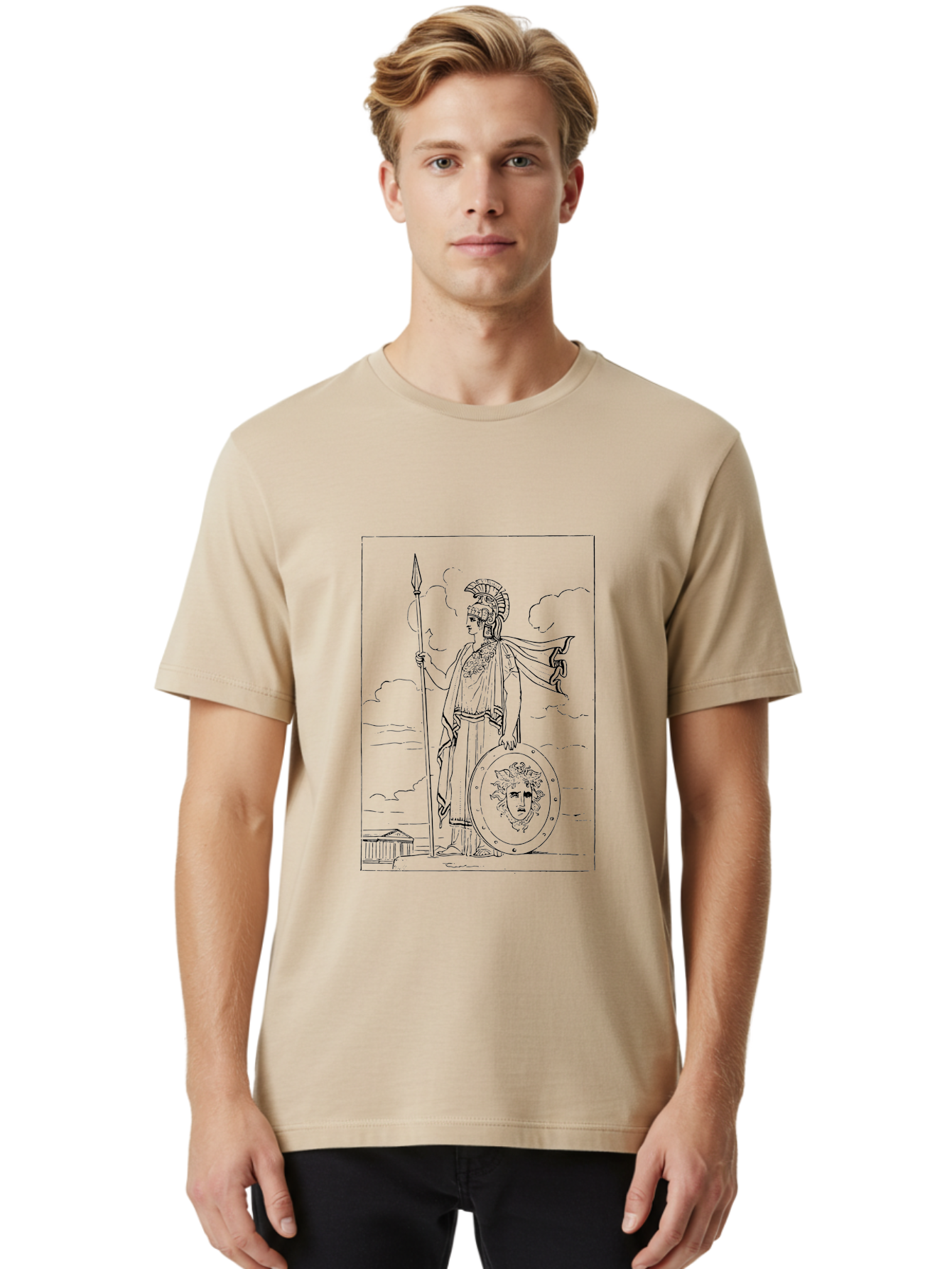 Athena standing, Greek goddess, spear in hand, shield with Medusa's head, classical Greek attire, helmet and cape, ancient Greek architecture, cloudy sky, mythological figure, Greek mythology, goddess of wisdom