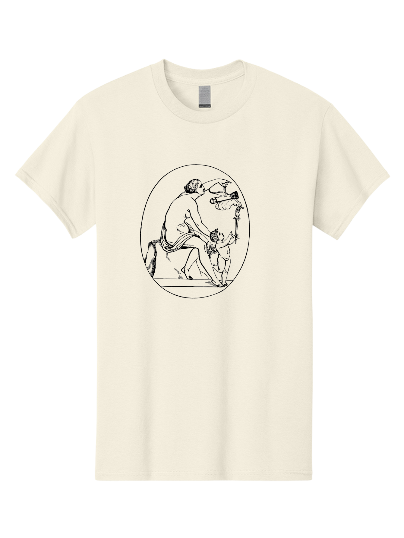 Satyr-And-Child Men'S Graphic Tee, 100% Cotton, Comfortable Casual Summer Wear, Machine Washable, Classical Art, Man Kneeling, Child Standing, Gift Giving, Ancient Greek, Black Line Art, Simple Shapes, Minimalist Design, Elegant Lines, -  Aaa560