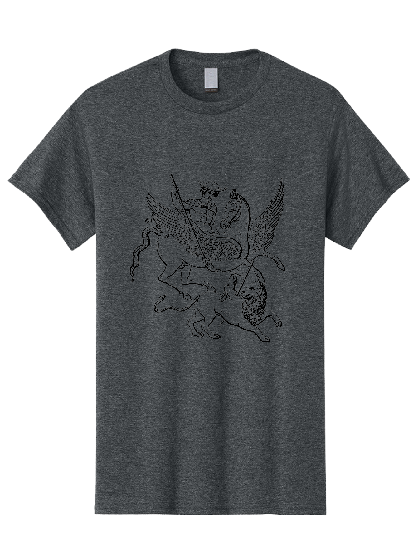 St-George-And-Dragon Men'S Graphic Tee, 100% Cotton, Comfortable Casual Summer Wear, Machine Washable, Man Riding Winged Horse, Horse Attacking Lion, Mythical Creatures, Fantasy Artwork, Black Line Art, Vintage Illustration, -  Aaa565