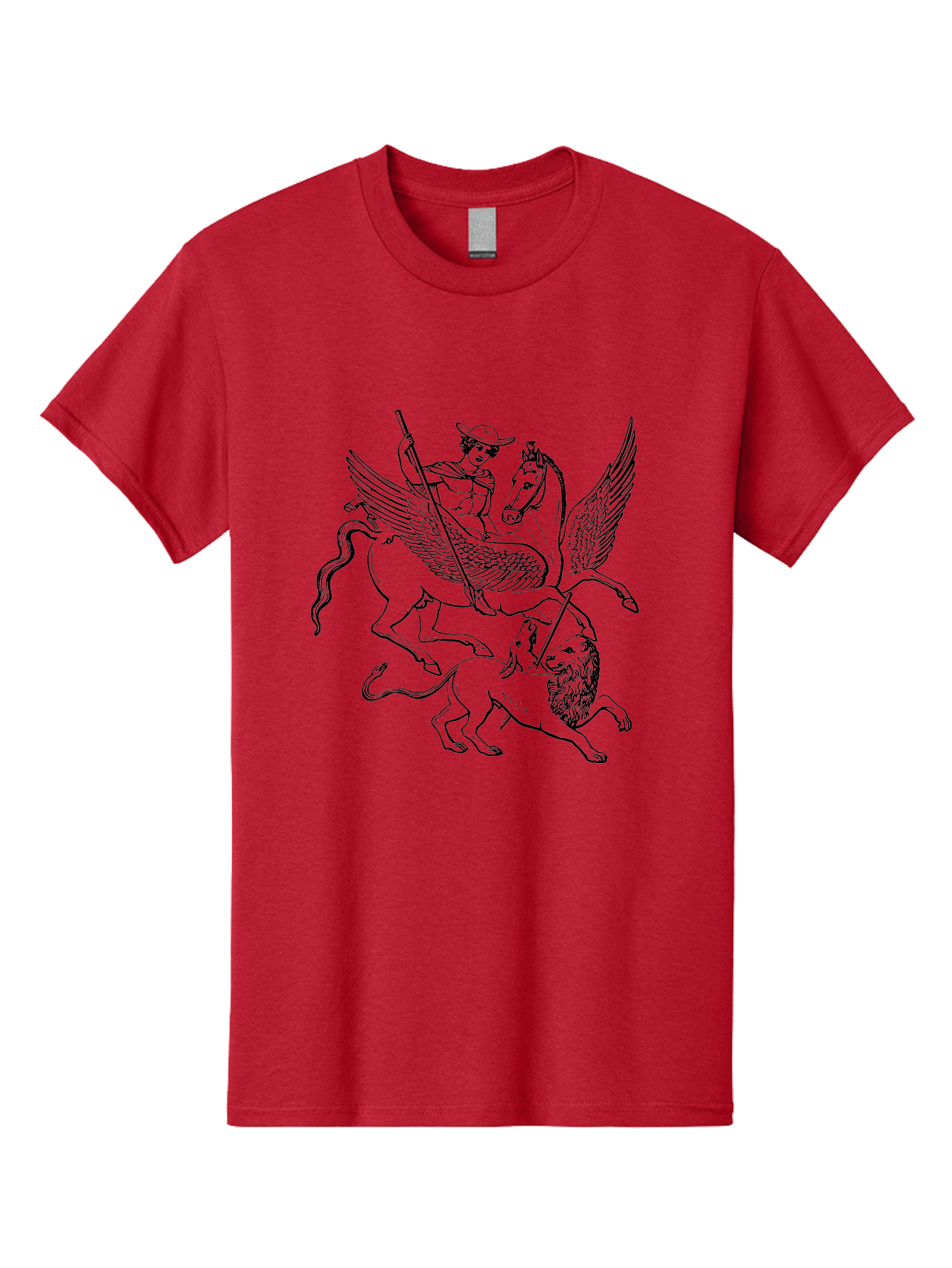 St-George-And-Dragon Men'S Graphic Tee, 100% Cotton, Comfortable Casual Summer Wear, Machine Washable, Man Riding Winged Horse, Horse Attacking Lion, Mythical Creatures, Fantasy Artwork, Black Line Art, Vintage Illustration, -  Aaa565