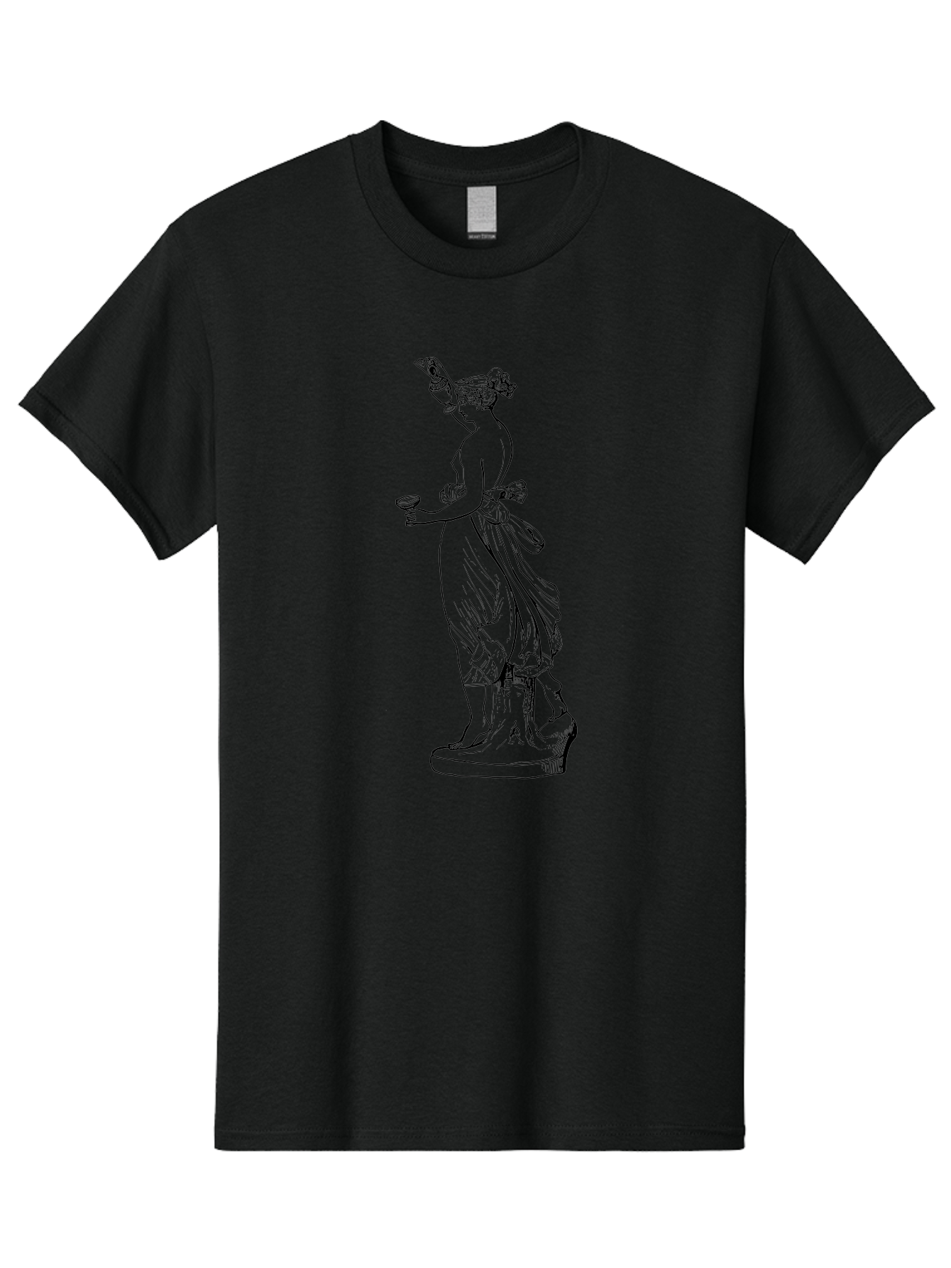 Statue-Of-Goddess Men'S Graphic Tee, 100% Cotton, Comfortable Casual Summer Wear, Machine Washable, Goddess Statue, Black Ink Drawing, Classical Attire, Flowing Robes, Ancient Deity, Figurative Art, Mythological Figure, Artistic Sketch, -  Aaa566