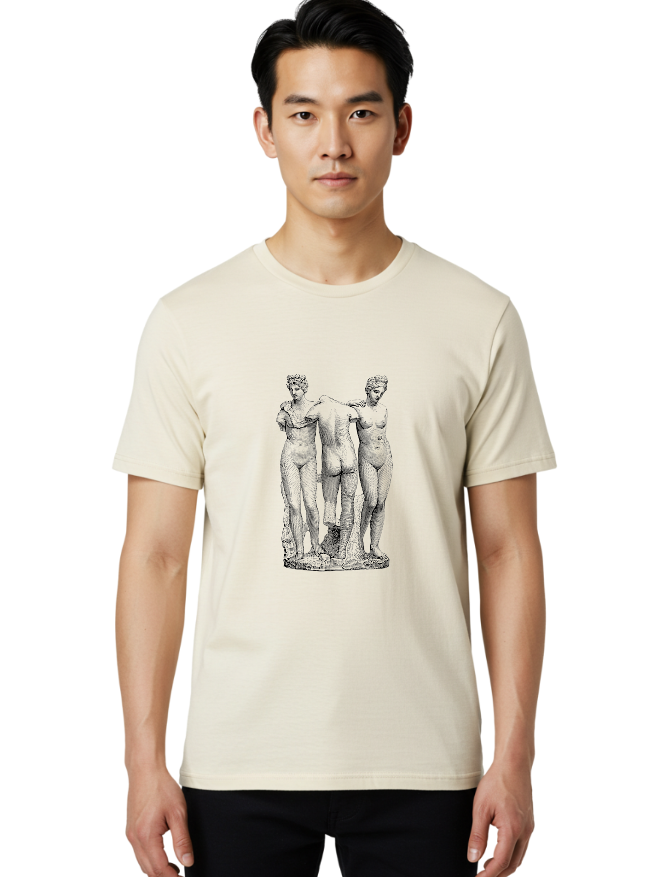 Three-Figures-Statue Men'S Graphic Tee, 100% Cotton, Comfortable Casual Summer Wear, Machine Washable, Nude Figures, Classical Art, Human Body, Sculpture, Greek Mythology, Sensuality, Elegance, Artistry, Figurative Art, Beauty, -  Aaa567