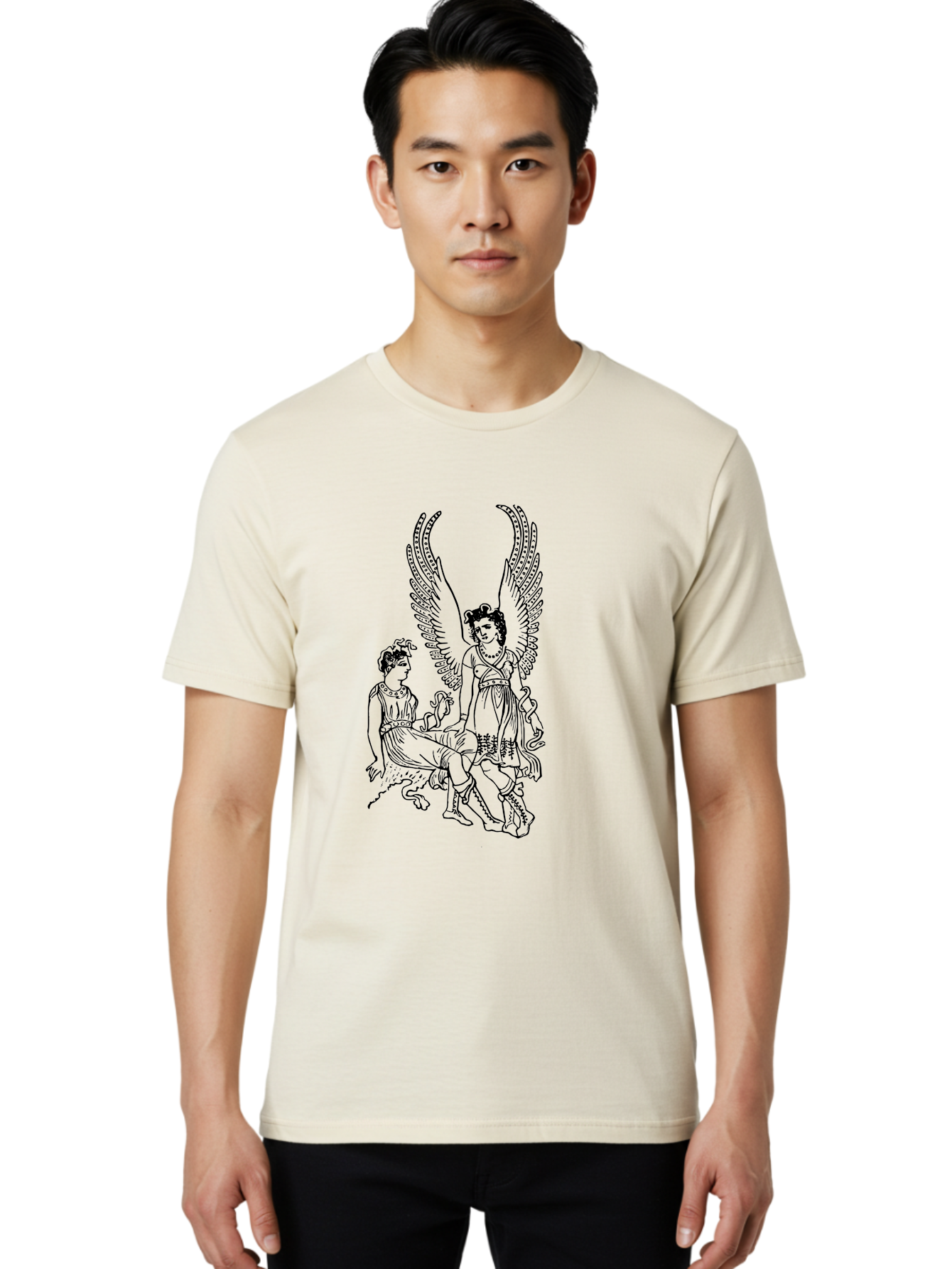 Victory-And-Man Men'S Graphic Tee, 100% Cotton, Comfortable Casual Summer Wear, Machine Washable, Angel With Wings, Woman Sitting, Flowing Robes, Ancient Mythology, Mysterious Scene, Spiritual Being, Divine Presence, Symbolic Art -  Aaa570