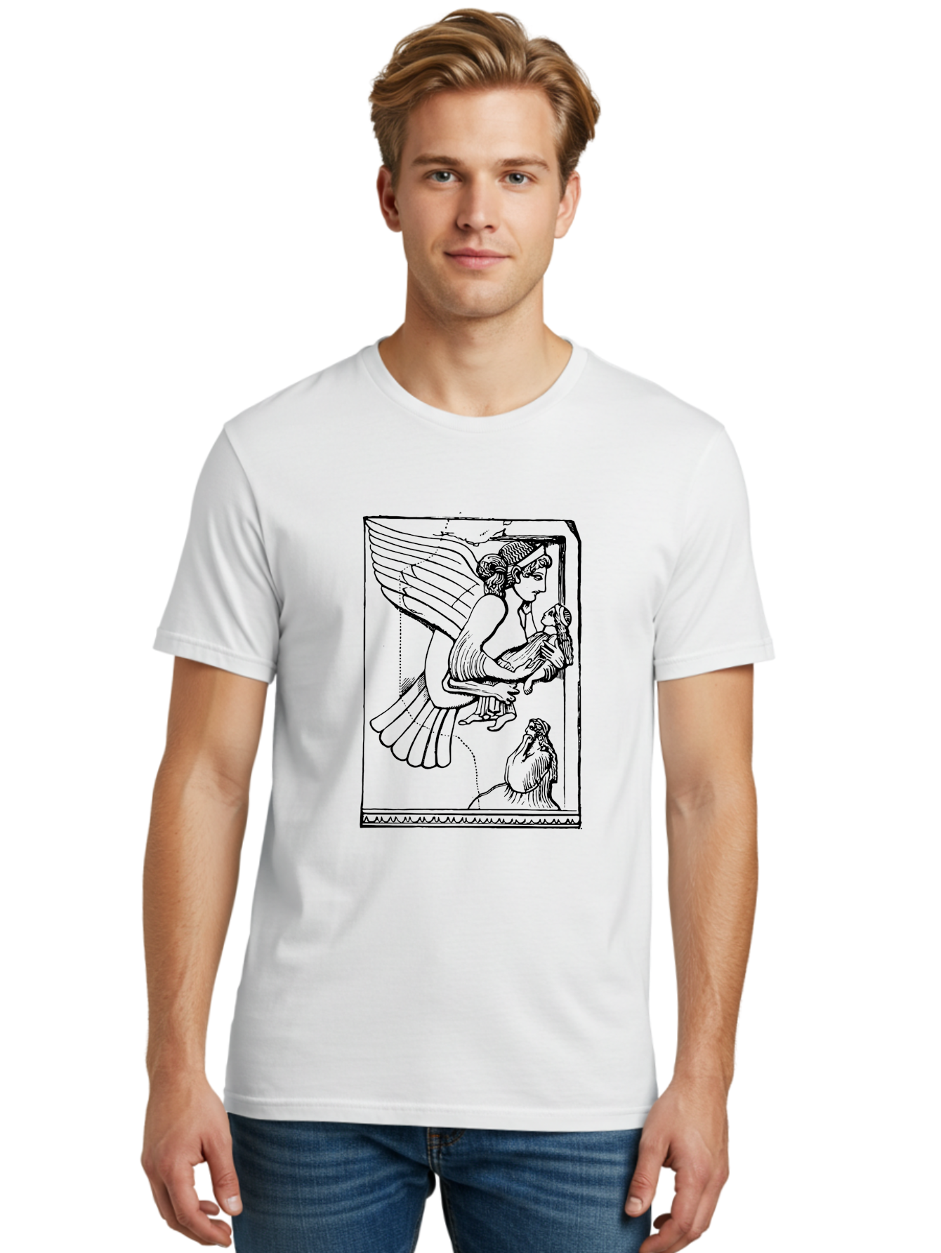 Winged-Goddess-With-Bird Men'S Graphic Tee, 100% Cotton, Comfortable Casual Summer Wear, Machine Washable, Winged Goddess Offering Dove, Ancient Greek Art, Mythological Figure, Dove Symbolism, Angelic Being, Classical Mythology, -  Aaa571