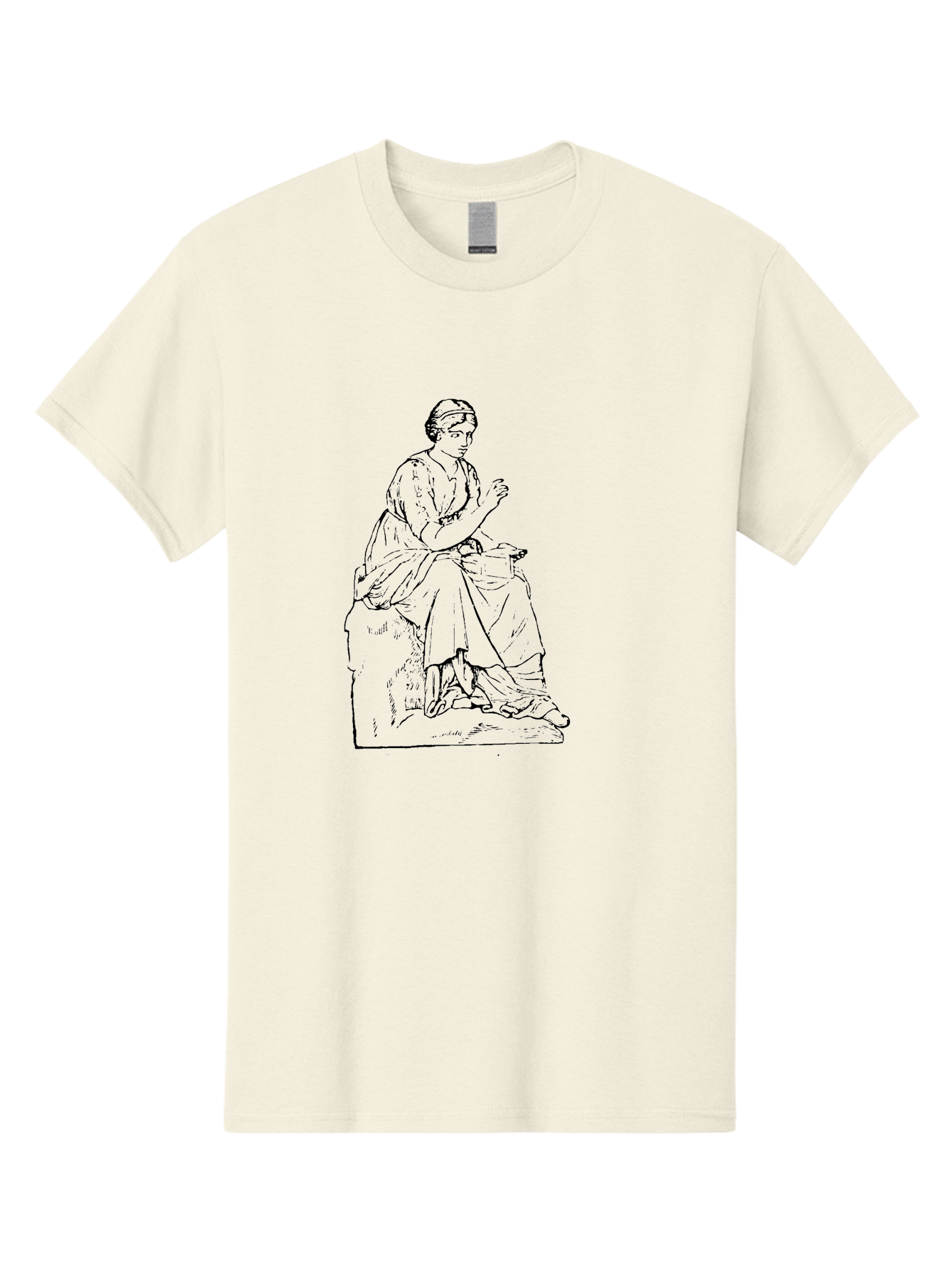 Woman-Sitting Men'S Graphic Tee, 100% Cotton, Comfortable Casual Summer Wear, Machine Washable, Classical Art, Woman Sitting On A Rock, Flowing Dress, Serene Atmosphere, Simple Elegance, Pencil Drawing Style, Female Figure, -  Aaa576