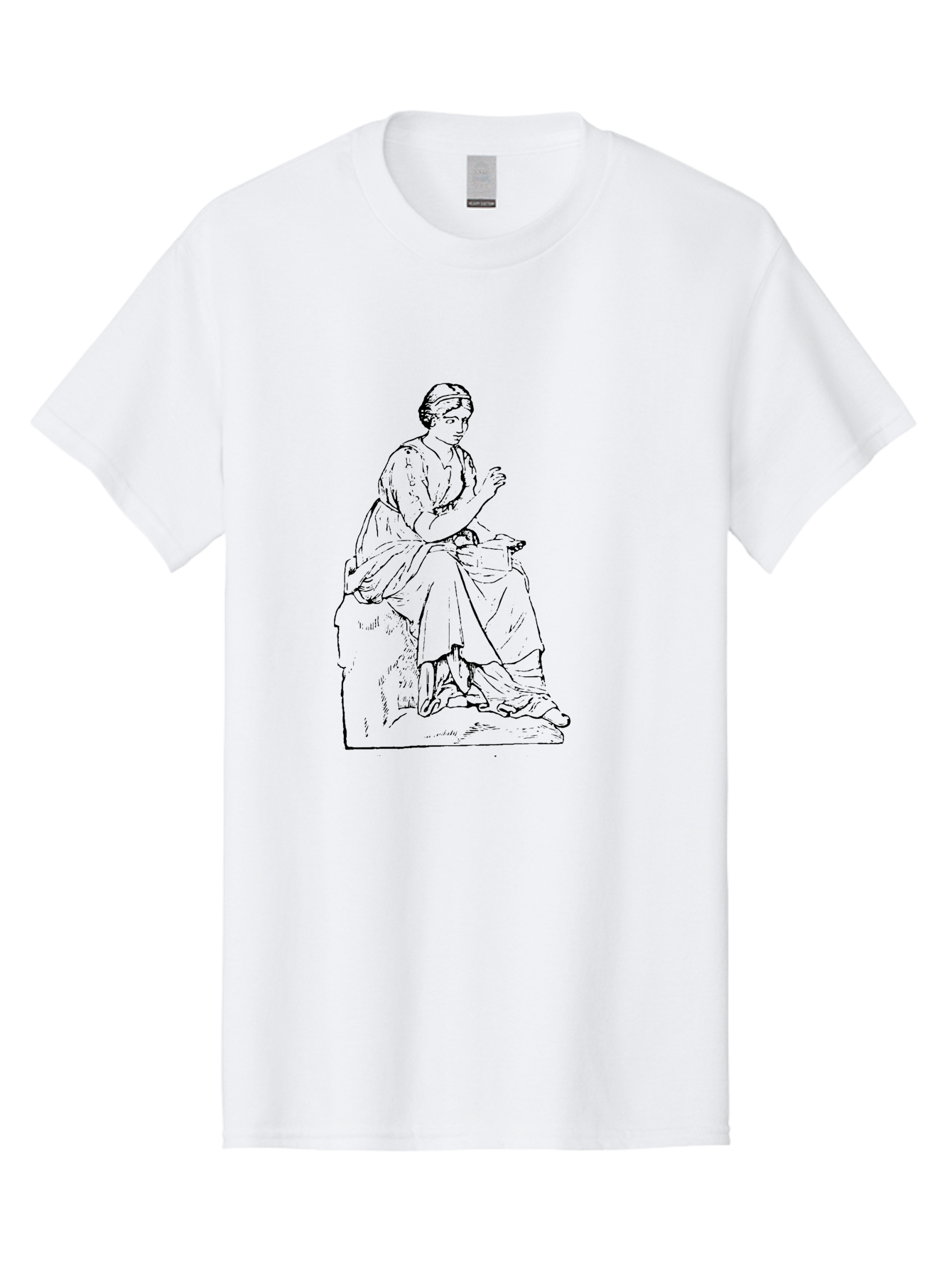 Woman-Sitting Men'S Graphic Tee, 100% Cotton, Comfortable Casual Summer Wear, Machine Washable, Classical Art, Woman Sitting On A Rock, Flowing Dress, Serene Atmosphere, Simple Elegance, Pencil Drawing Style, Female Figure, -  Aaa576