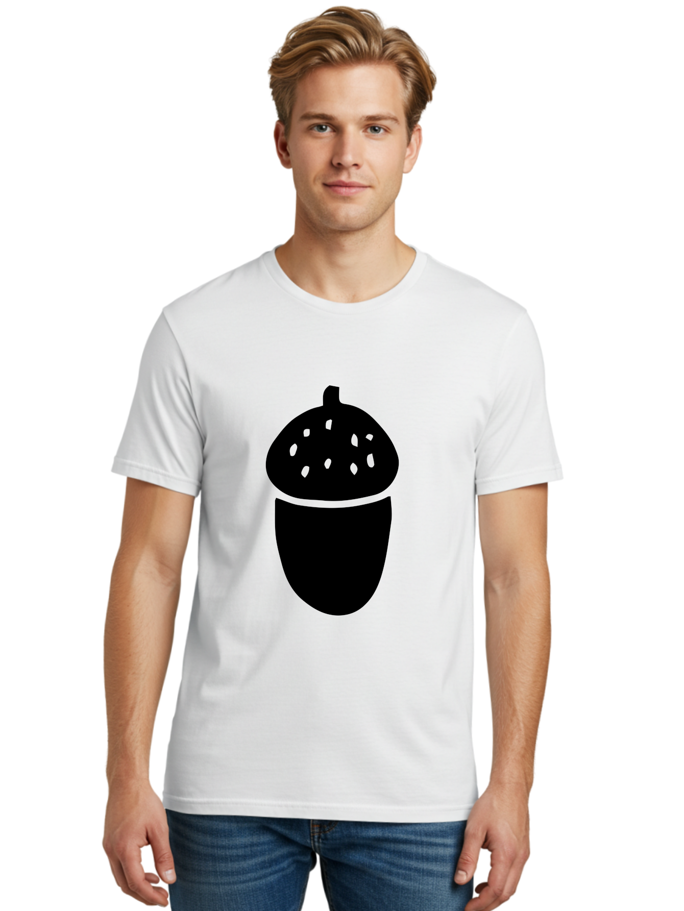 Acorn-Silhouette Men'S Graphic Tee, 100% Cotton, Comfortable Casual Summer Wear, Machine Washable, Acorn Silhouette, Oak Tree Symbol, Forest Icon, Nature Emblem, Autumn Motif, Wildlife Sign, Black Acorn -  Aaa578
