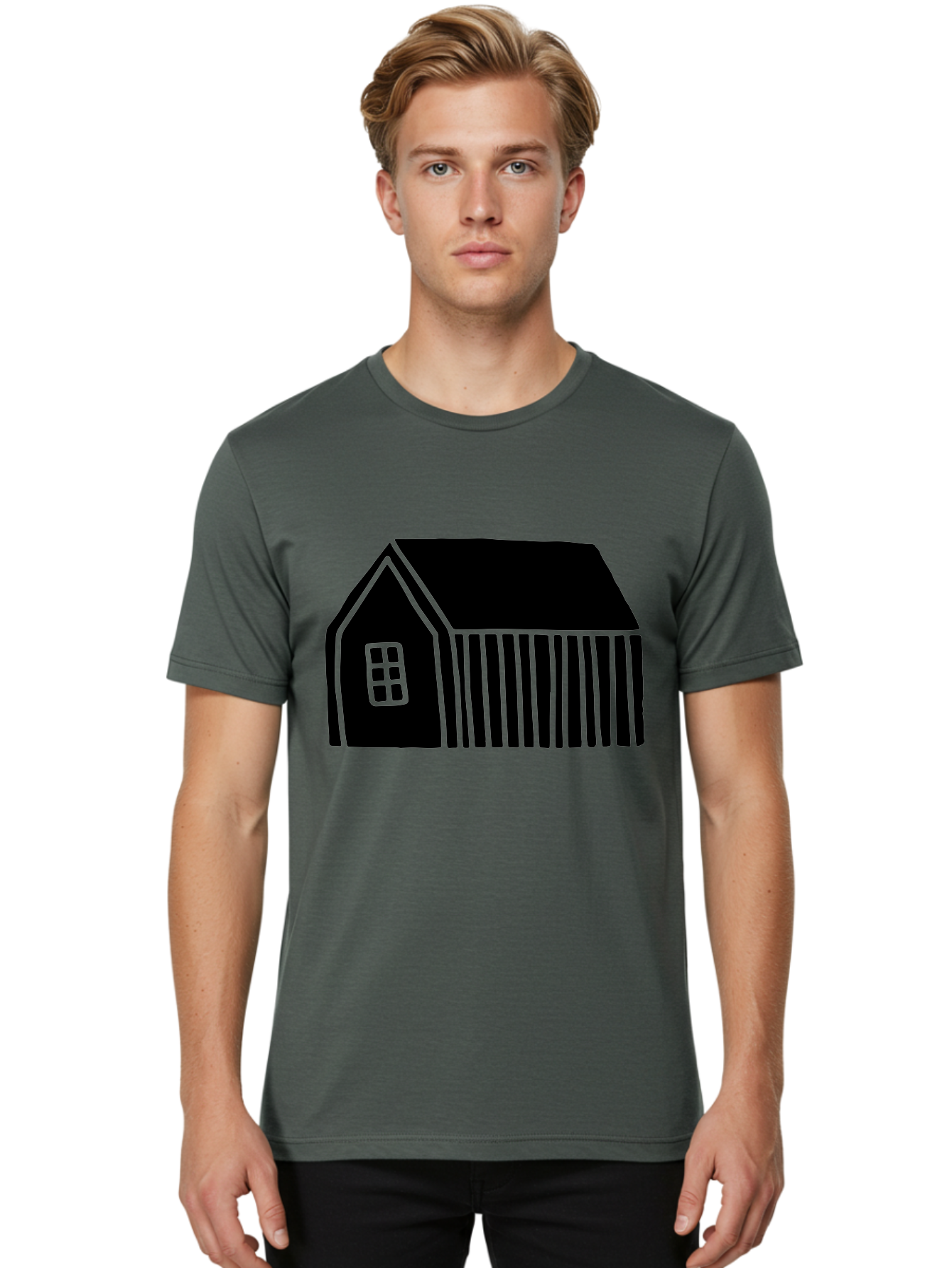 Barn Men'S Graphic Tee, 100% Cotton, Comfortable Casual Summer Wear, Machine Washable, Barn Illustration, Simple Design, Rural Architecture, Farm Building, Minimalist Art, Country Style, Black Silhouette, Green Outline -  Aaa580