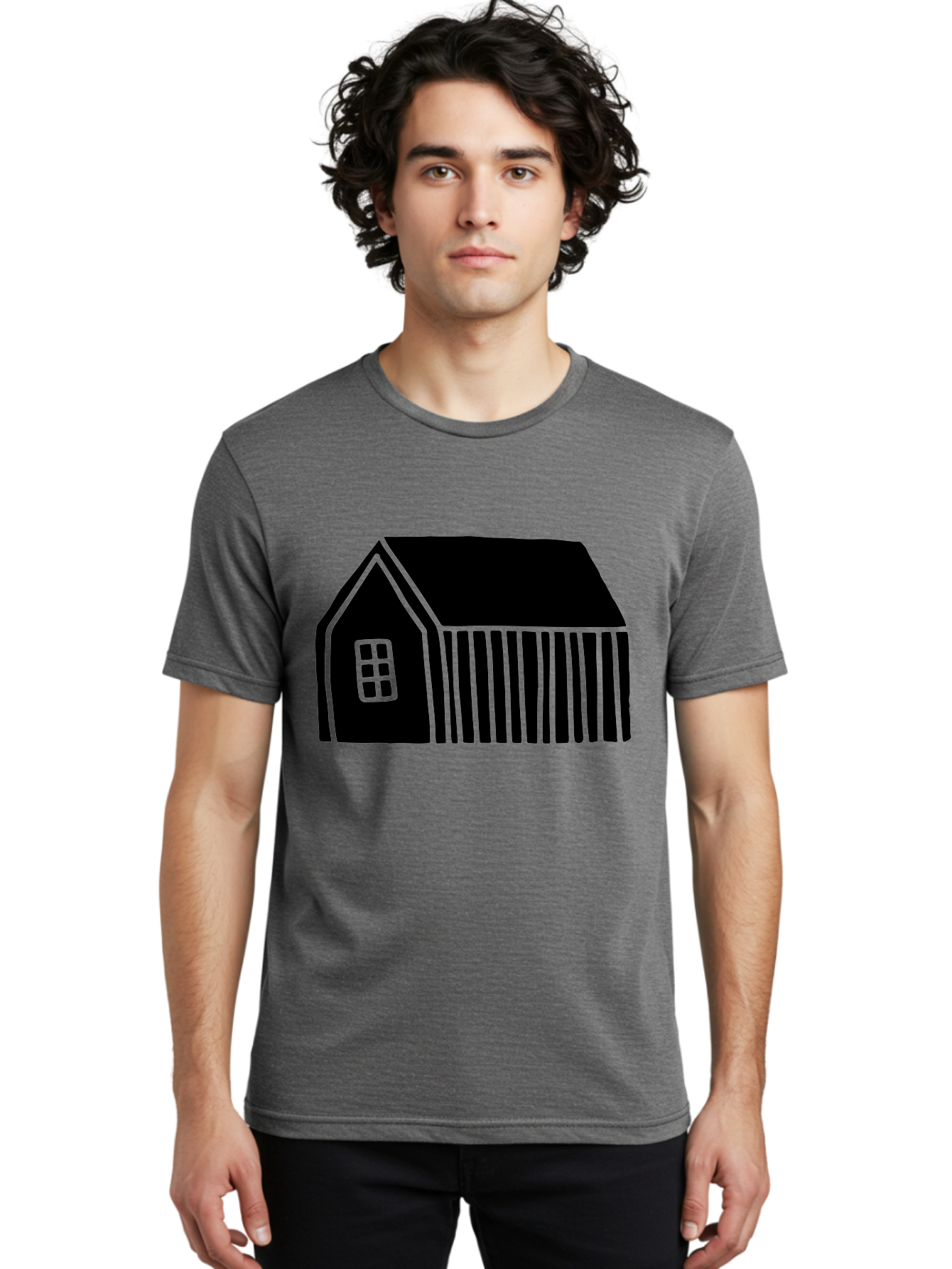 Barn Men'S Graphic Tee, 100% Cotton, Comfortable Casual Summer Wear, Machine Washable, Barn Illustration, Simple Design, Rural Architecture, Farm Building, Minimalist Art, Country Style, Black Silhouette, Green Outline -  Aaa580