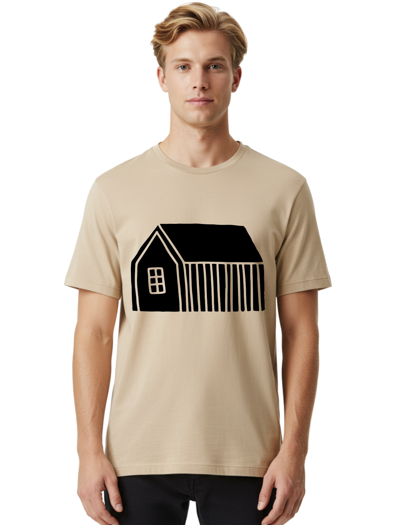 Barn Men'S Graphic Tee, 100% Cotton, Comfortable Casual Summer Wear, Machine Washable, Barn Illustration, Simple Design, Rural Architecture, Farm Building, Minimalist Art, Country Style, Black Silhouette, Green Outline -  Aaa580