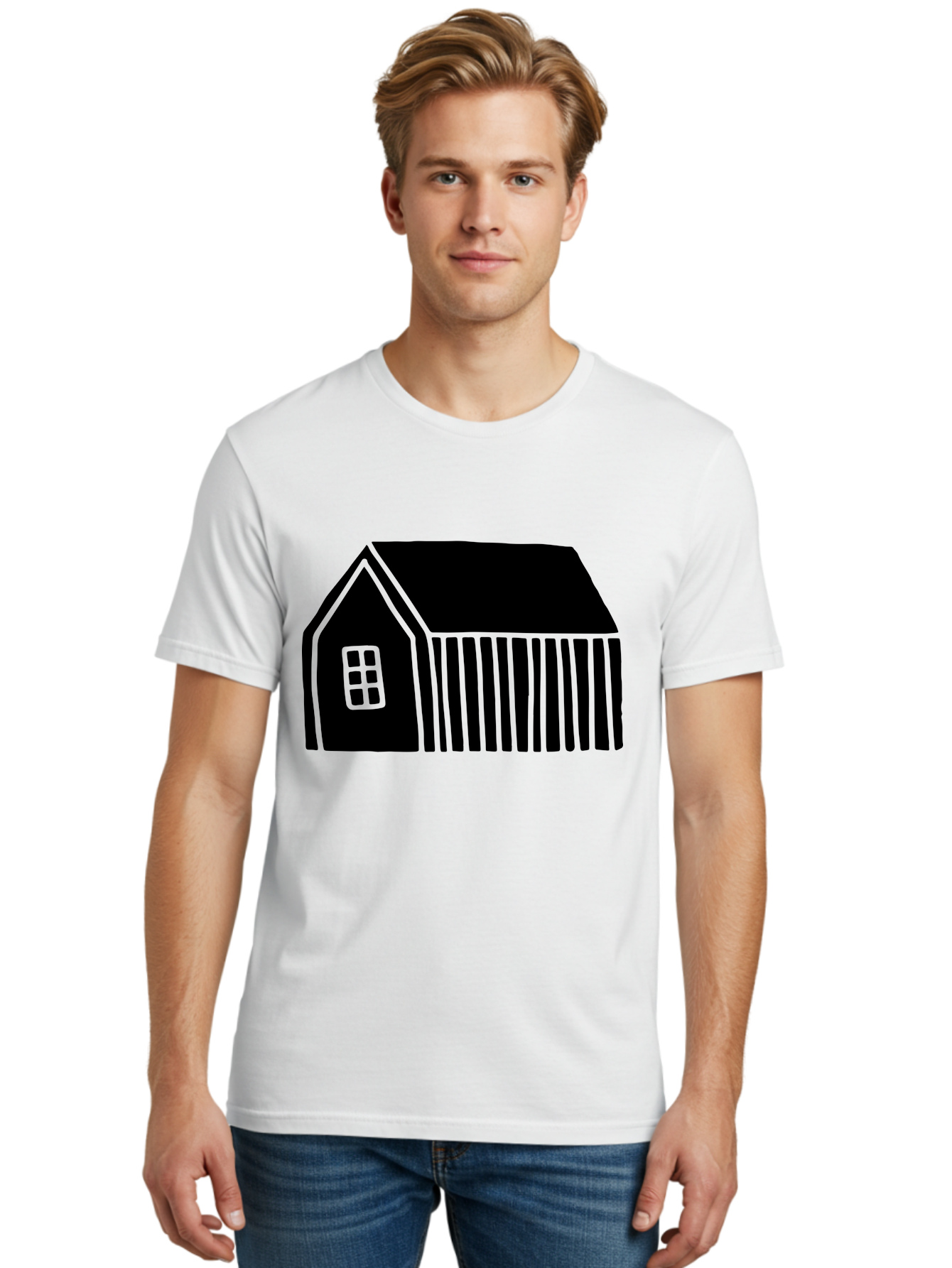 Barn Men'S Graphic Tee, 100% Cotton, Comfortable Casual Summer Wear, Machine Washable, Barn Illustration, Simple Design, Rural Architecture, Farm Building, Minimalist Art, Country Style, Black Silhouette, Green Outline -  Aaa580