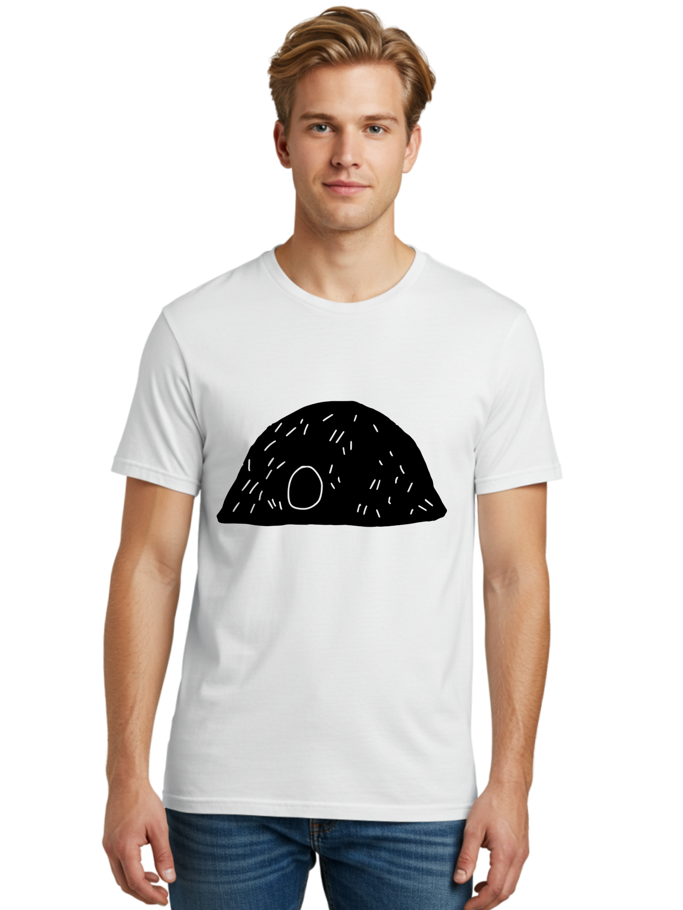Black-Mushroom Men'S Graphic Tee, 100% Cotton, Comfortable Casual Summer Wear, Machine Washable, Black Dome Shape, Green Neon Lines, Abstract Art, Futuristic Design, Modern Graphic, Minimalist Style, Simple Shapes, Neon Accents -  Aaa584