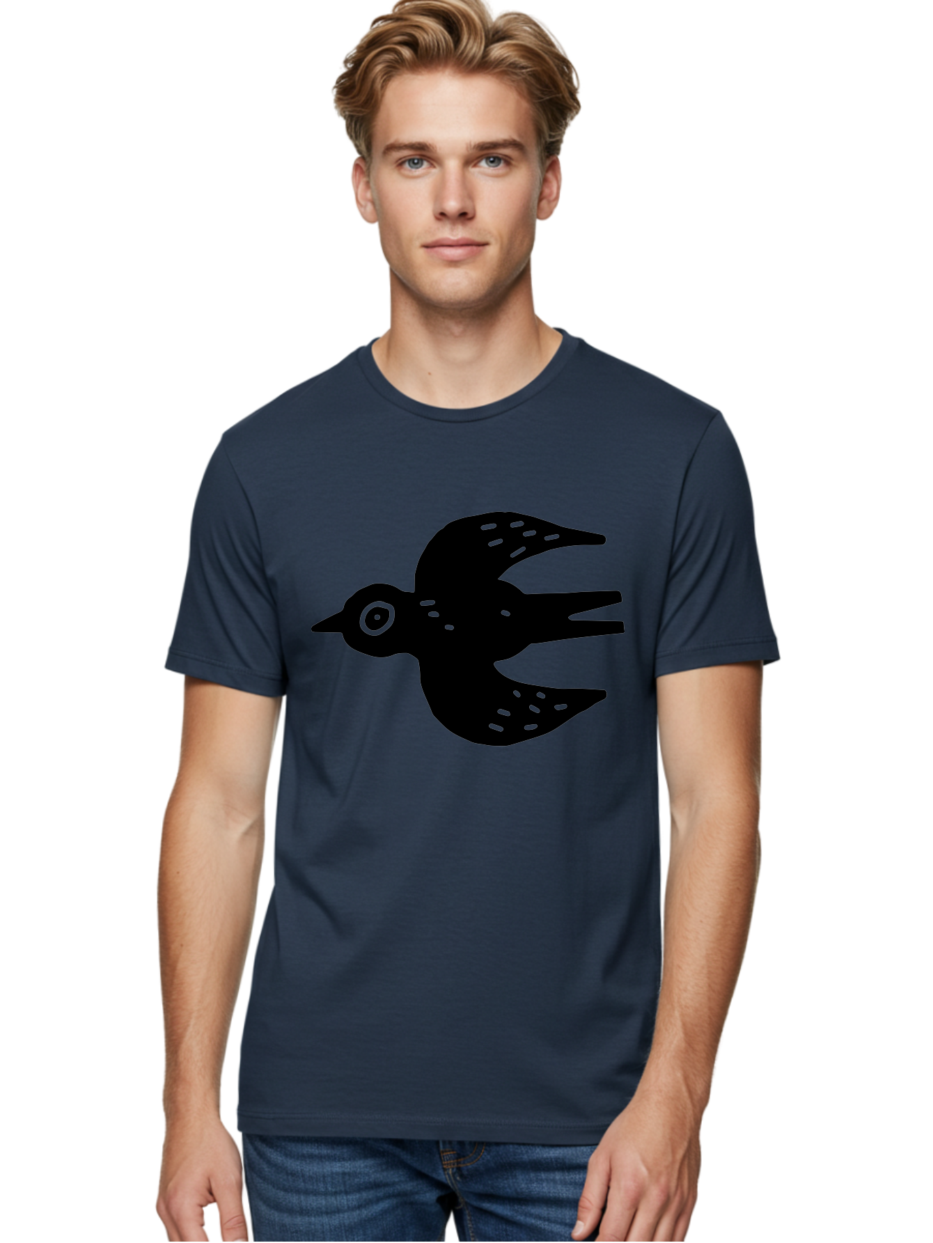 Flying-Bird Men'S Graphic Tee, 100% Cotton, Comfortable Casual Summer Wear, Machine Washable, Black Bird Silhouette, Bird In Flight, Simple Design, Graphic Illustration, Minimalist Art, Wildlife Symbol, Flying Bird, Abstract Shape, -  Aaa591