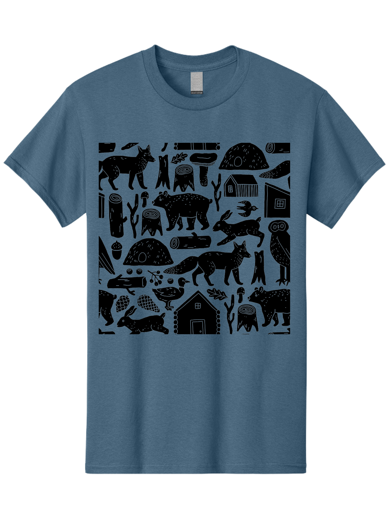 Forest-Animals-Pattern Men'S Graphic Tee, 100% Cotton, Comfortable Casual Summer Wear, Machine Washable, Woodland Animals, Forest Wildlife, Rustic Houses, Trees, Birds, Wildlife Art, Woodsy Landscape, Nature Illustrations, Forest Patterns, -  Aaa592