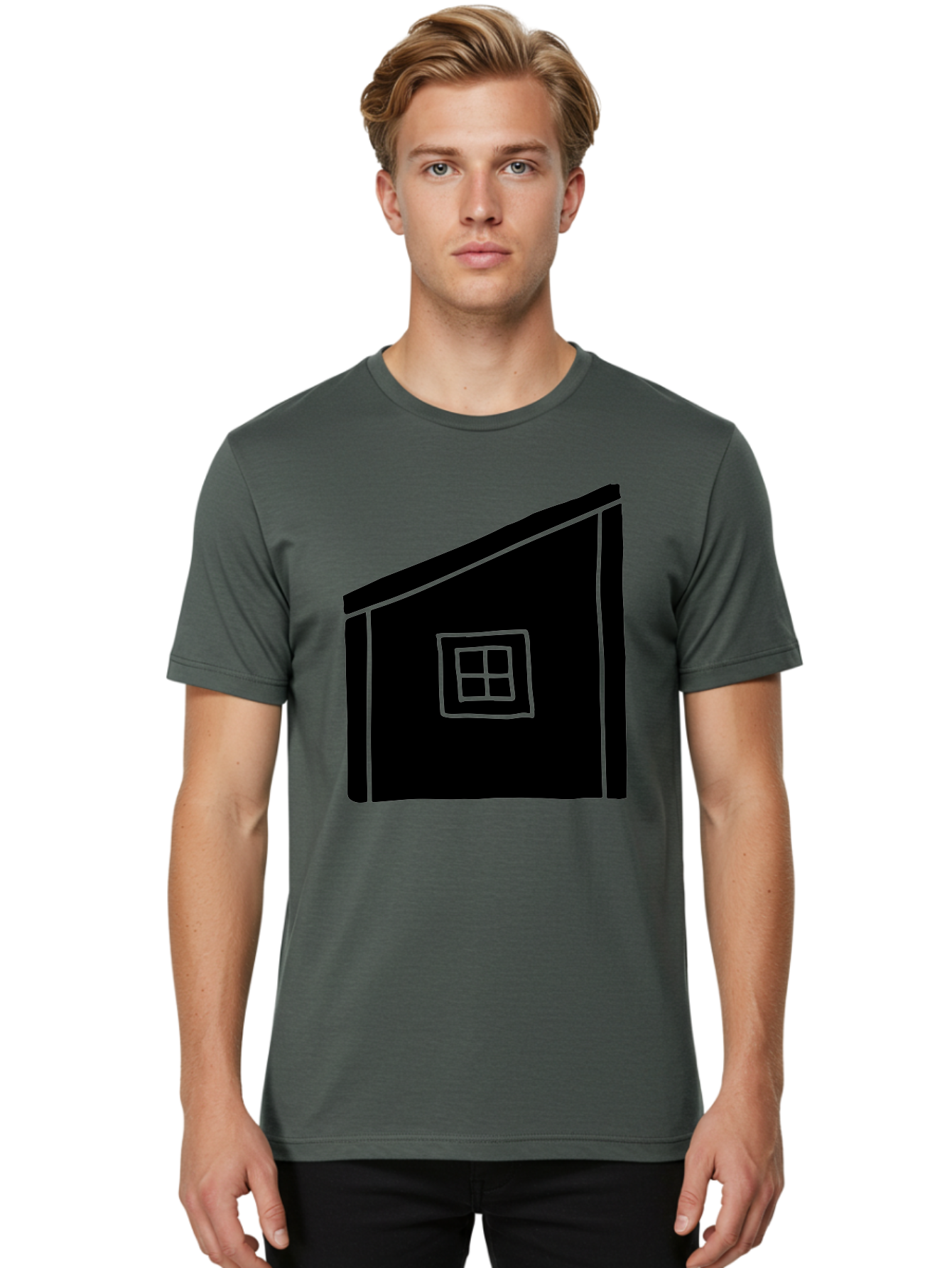 House Men'S Graphic Tee, 100% Cotton, Comfortable Casual Summer Wear, Machine Washable, Simple House Design, Minimalist Architecture, Black House Silhouette, Neon Green Outline, Four-Paned Window, Modern Home Decor, -  Aaa599
