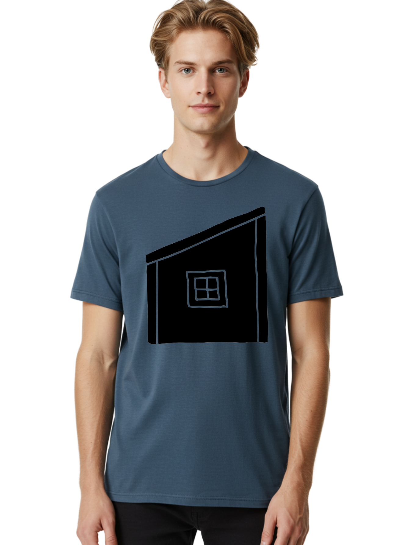 House Men'S Graphic Tee, 100% Cotton, Comfortable Casual Summer Wear, Machine Washable, Simple House Design, Minimalist Architecture, Black House Silhouette, Neon Green Outline, Four-Paned Window, Modern Home Decor, -  Aaa599