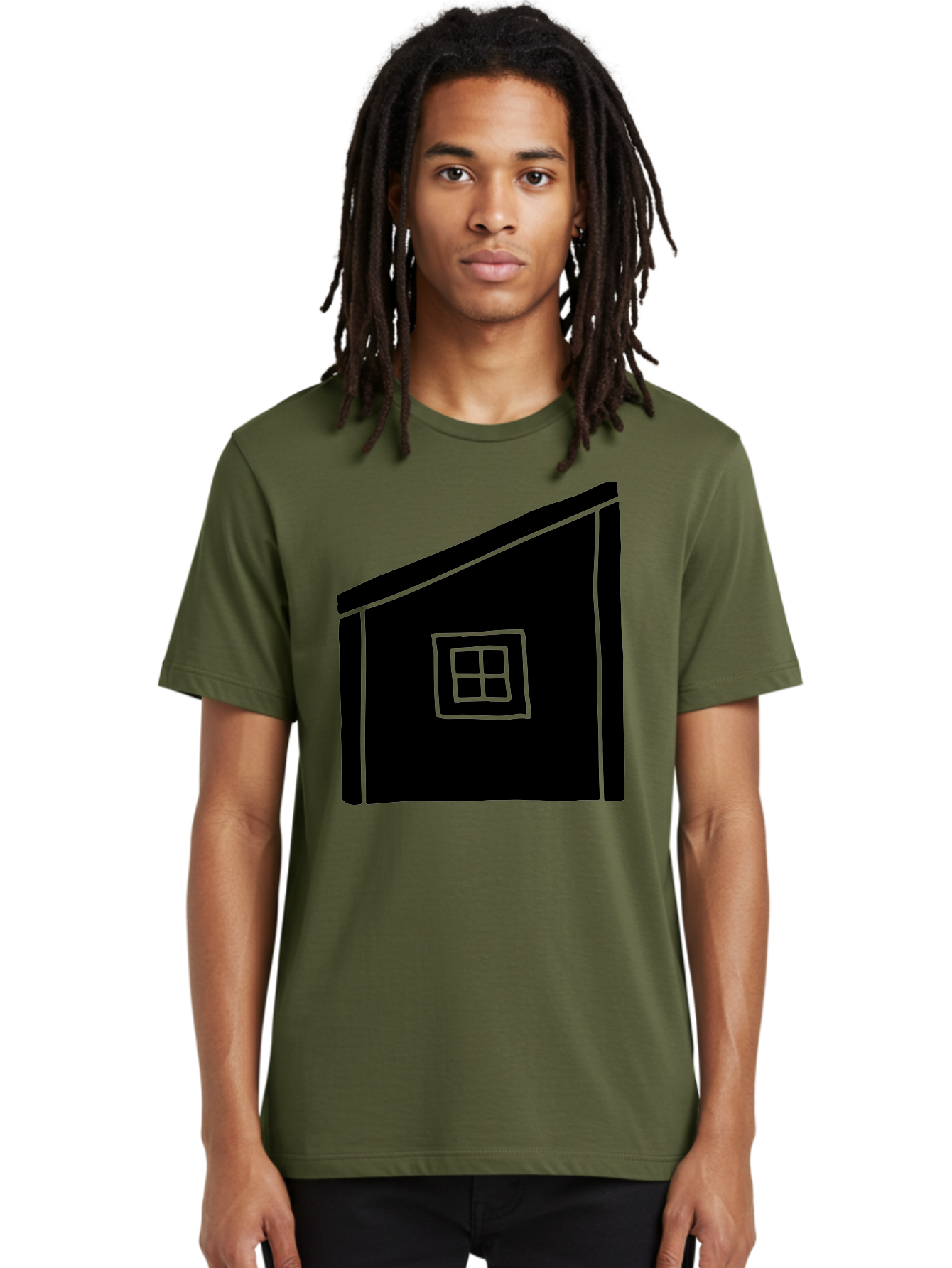 House Men'S Graphic Tee, 100% Cotton, Comfortable Casual Summer Wear, Machine Washable, Simple House Design, Minimalist Architecture, Black House Silhouette, Neon Green Outline, Four-Paned Window, Modern Home Decor, -  Aaa599