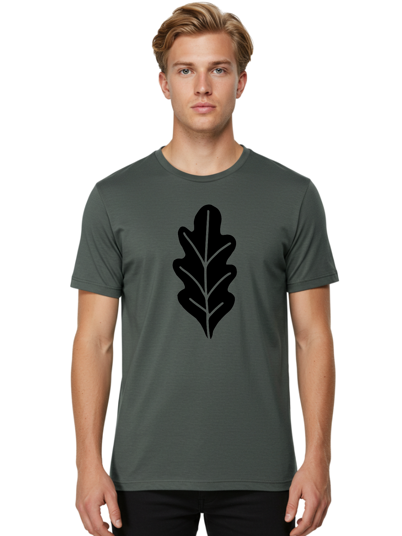 Leaf-Silhouette Men'S Graphic Tee, 100% Cotton, Comfortable Casual Summer Wear, Machine Washable, Leaf Silhouette, Foliage Icon, Simple Leaf Design, Nature-Inspired Graphic, Black Leaf Shape, Neon Green Veins, Minimalist Illustration, -  Aaa601