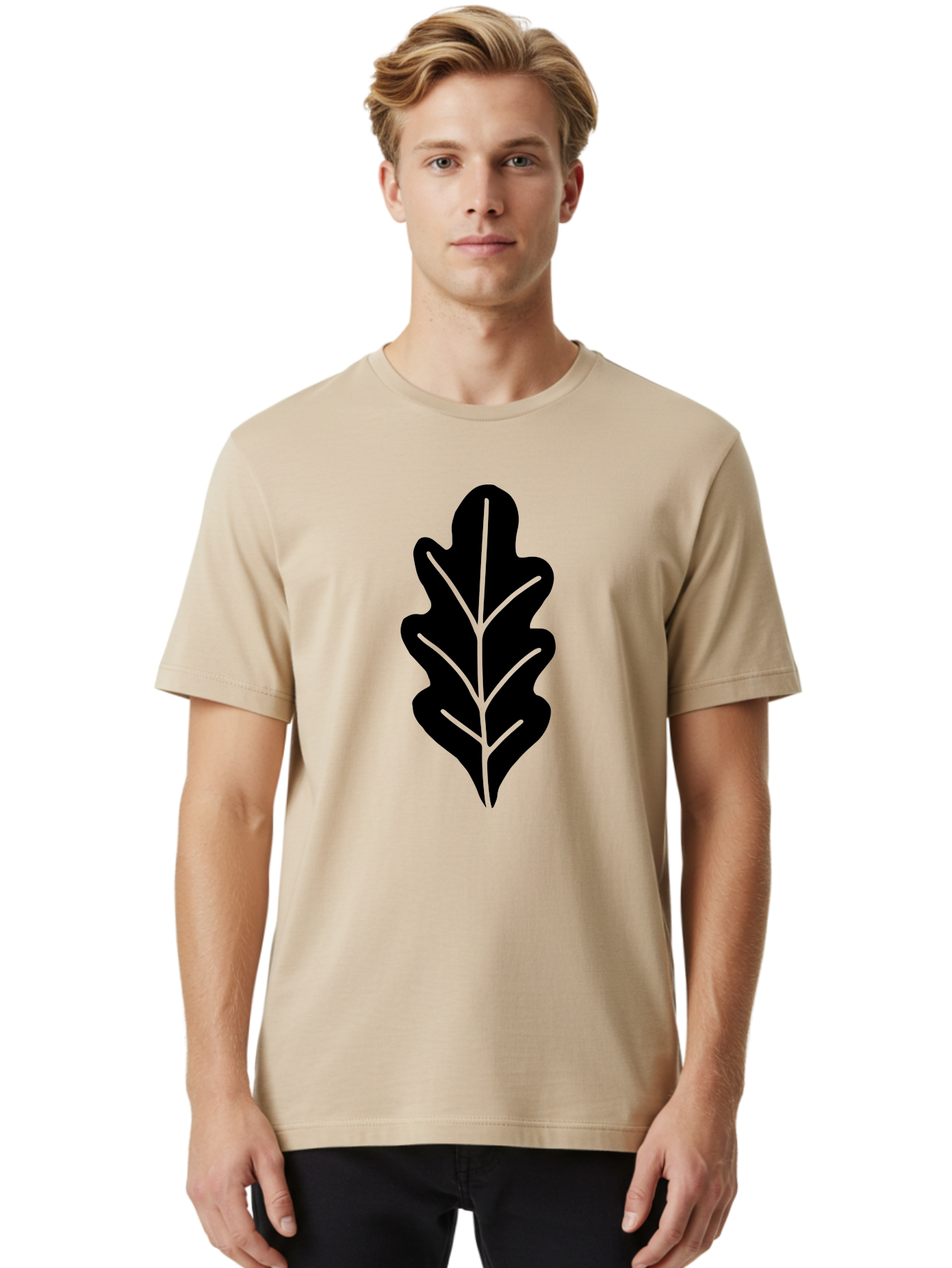 Leaf-Silhouette Men'S Graphic Tee, 100% Cotton, Comfortable Casual Summer Wear, Machine Washable, Leaf Silhouette, Foliage Icon, Simple Leaf Design, Nature-Inspired Graphic, Black Leaf Shape, Neon Green Veins, Minimalist Illustration, -  Aaa601