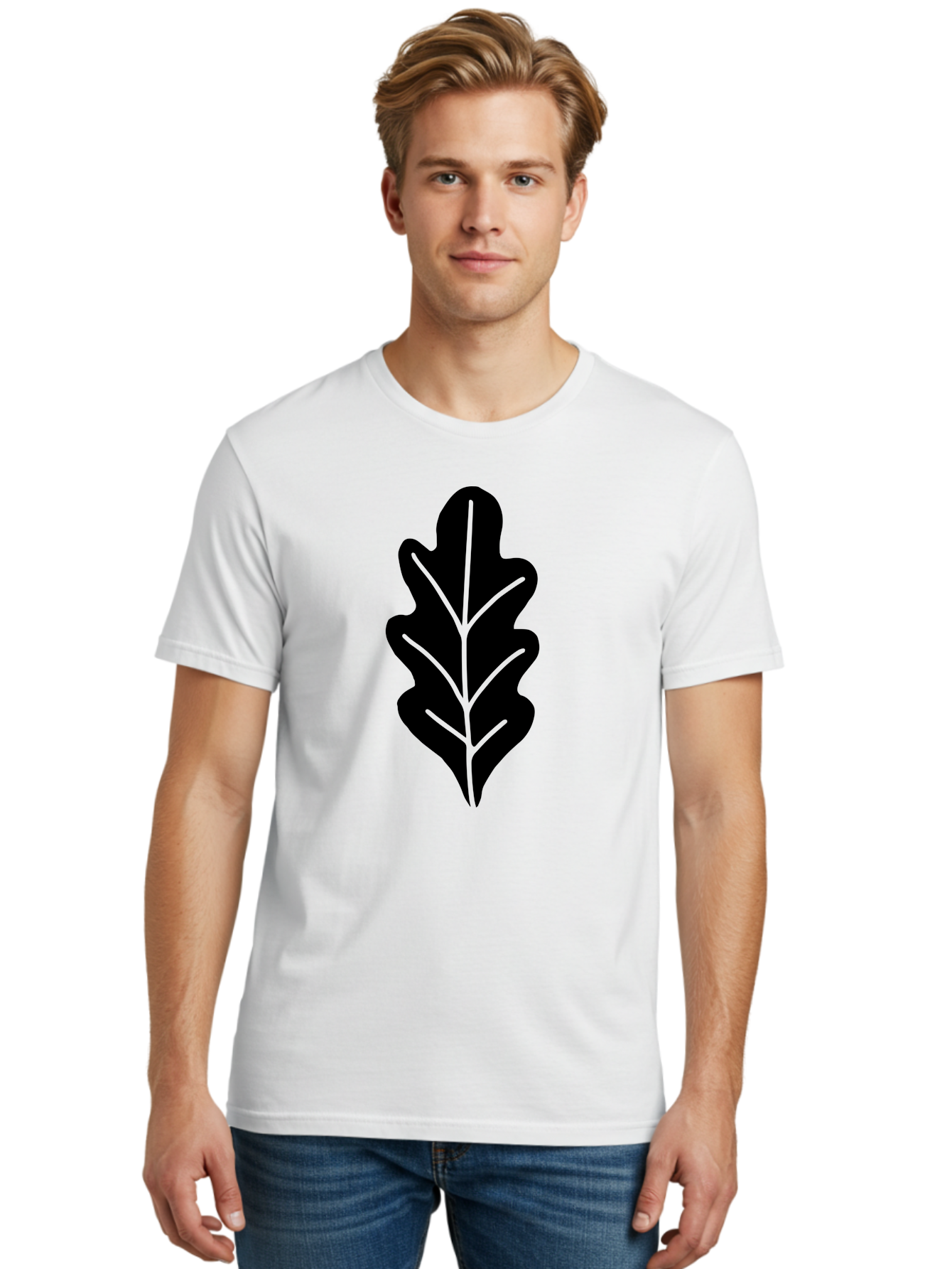 Leaf-Silhouette Men'S Graphic Tee, 100% Cotton, Comfortable Casual Summer Wear, Machine Washable, Leaf Silhouette, Foliage Icon, Simple Leaf Design, Nature-Inspired Graphic, Black Leaf Shape, Neon Green Veins, Minimalist Illustration, -  Aaa601