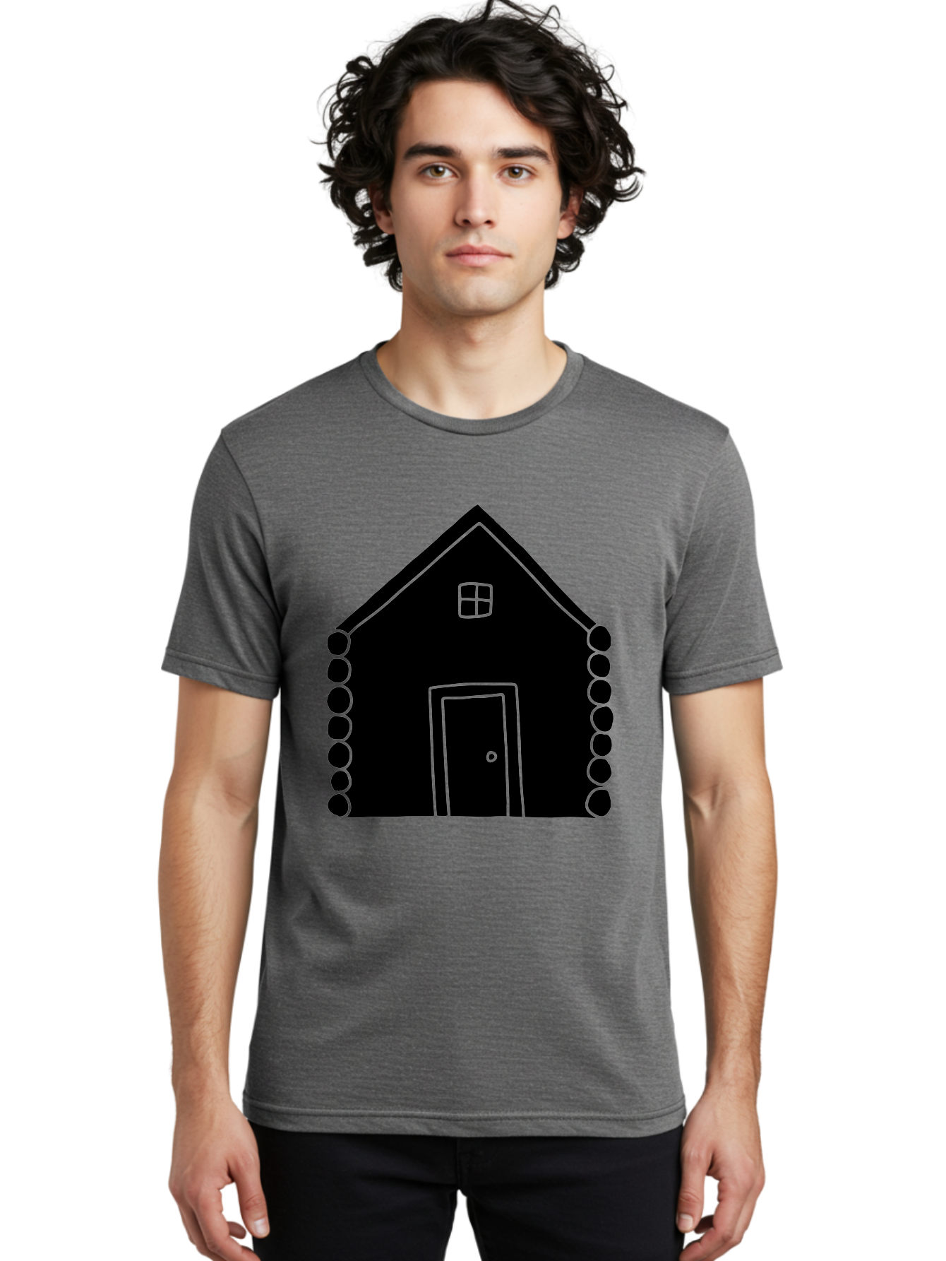 Log-Cabin Men'S Graphic Tee, 100% Cotton, Comfortable Casual Summer Wear, Machine Washable, Simple House Design, Minimalist Architecture, House Outline, Cozy Home, Door And Window, Simple Shapes, Modern Art -  Aaa602