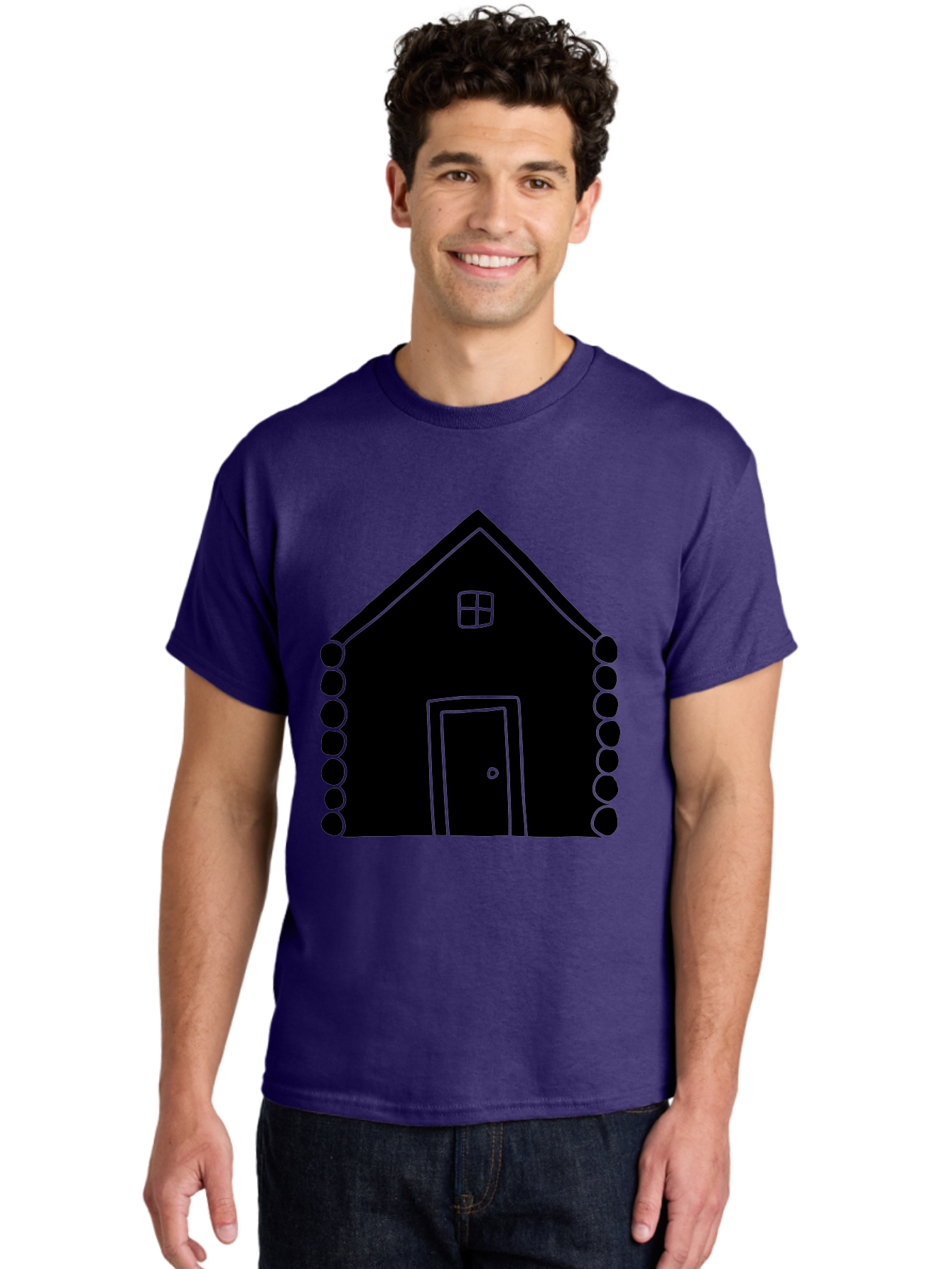 Log-Cabin Men'S Graphic Tee, 100% Cotton, Comfortable Casual Summer Wear, Machine Washable, Simple House Design, Minimalist Architecture, House Outline, Cozy Home, Door And Window, Simple Shapes, Modern Art -  Aaa602