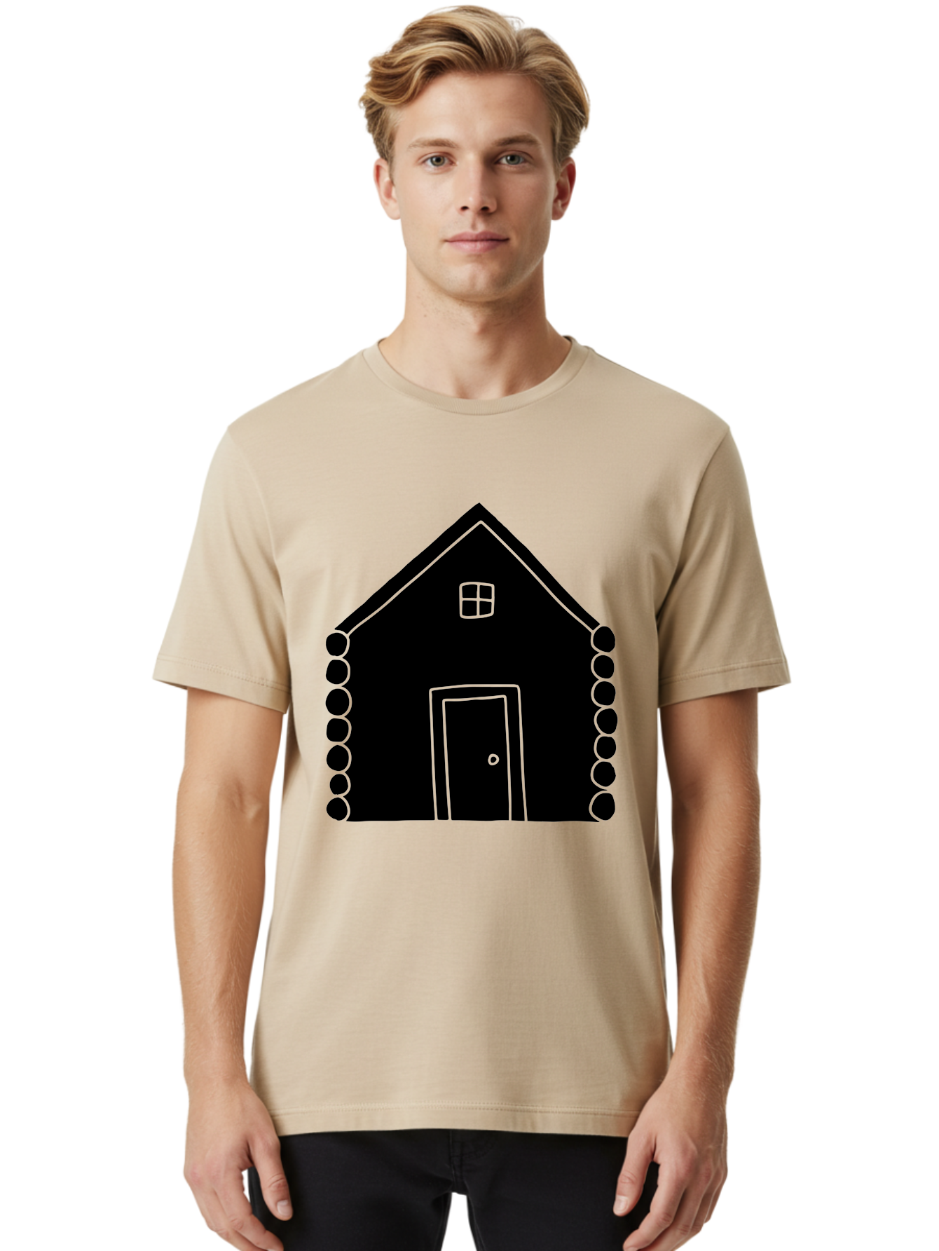 Log-Cabin Men'S Graphic Tee, 100% Cotton, Comfortable Casual Summer Wear, Machine Washable, Simple House Design, Minimalist Architecture, House Outline, Cozy Home, Door And Window, Simple Shapes, Modern Art -  Aaa602