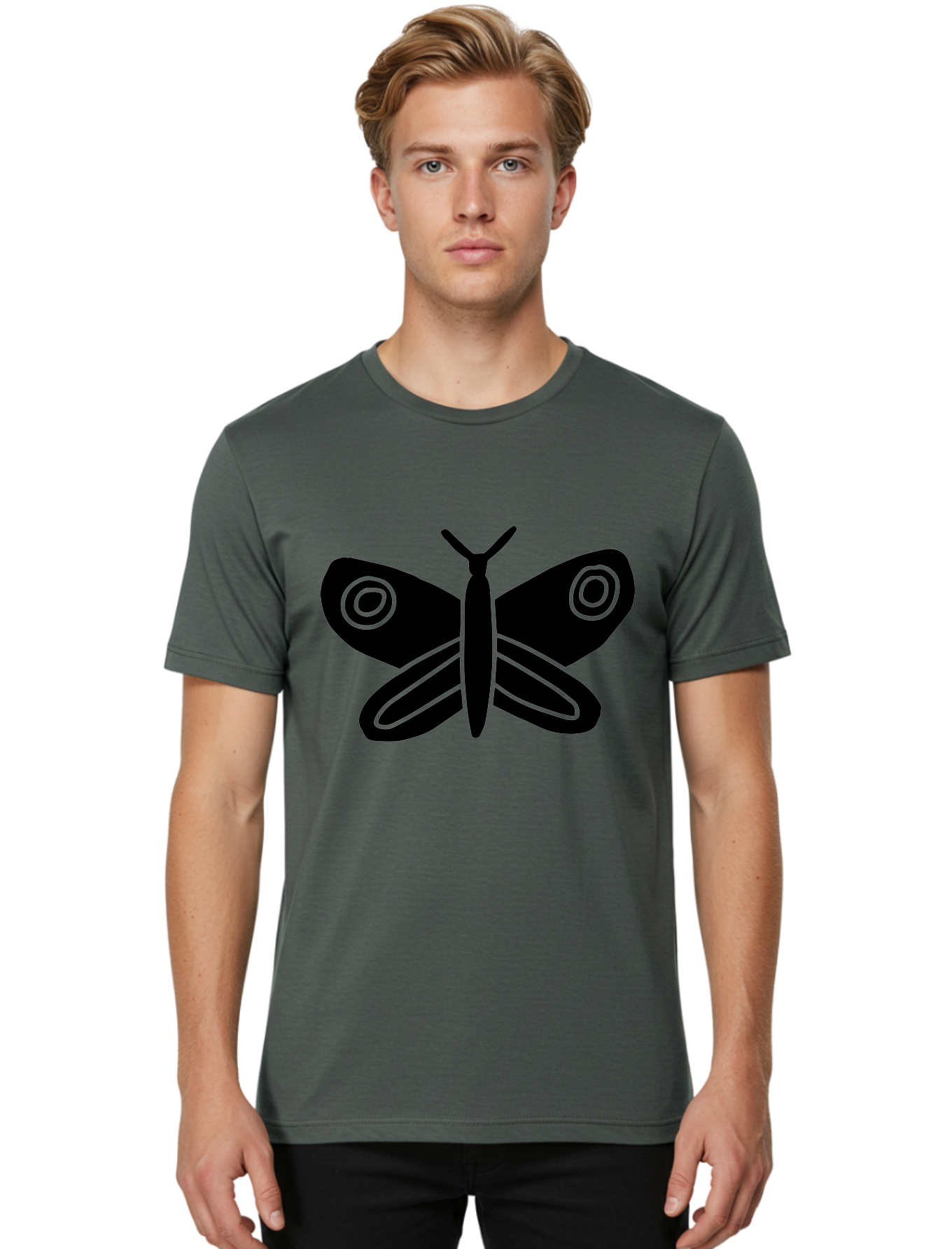 Luna-Moth Men'S Graphic Tee, 100% Cotton, Comfortable Casual Summer Wear, Machine Washable, Simple Moth Design, Minimalist Art, Black Silhouette, Green Outline, Stylized Insect, Modern Graphic, Wing Pattern, Nature Inspiration -  Aaa604