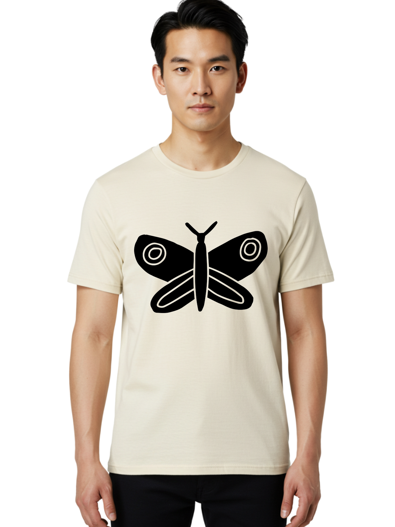 Luna-Moth Men'S Graphic Tee, 100% Cotton, Comfortable Casual Summer Wear, Machine Washable, Simple Moth Design, Minimalist Art, Black Silhouette, Green Outline, Stylized Insect, Modern Graphic, Wing Pattern, Nature Inspiration -  Aaa604