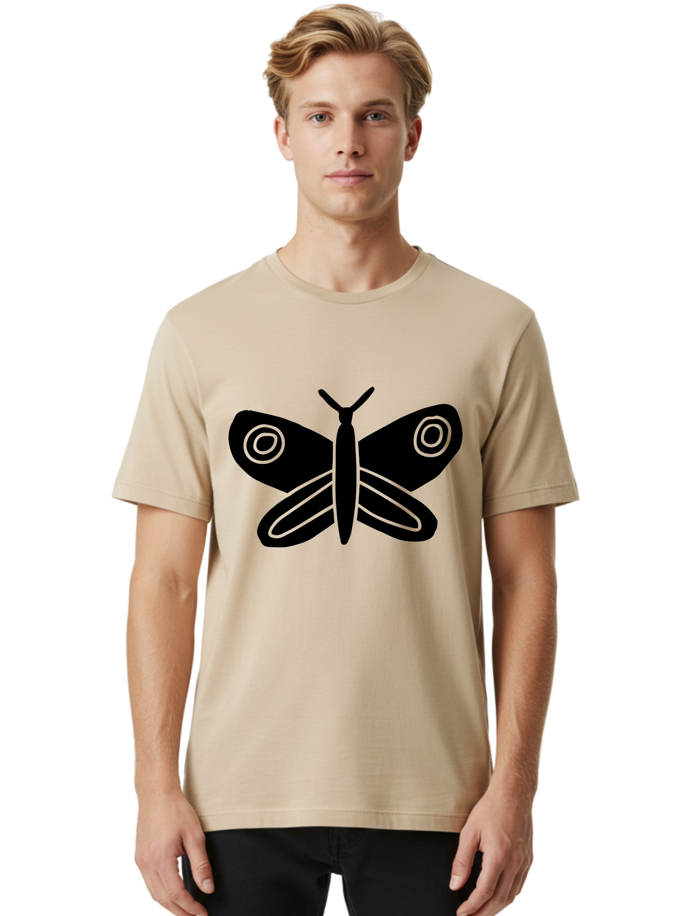 Luna-Moth Men'S Graphic Tee, 100% Cotton, Comfortable Casual Summer Wear, Machine Washable, Simple Moth Design, Minimalist Art, Black Silhouette, Green Outline, Stylized Insect, Modern Graphic, Wing Pattern, Nature Inspiration -  Aaa604