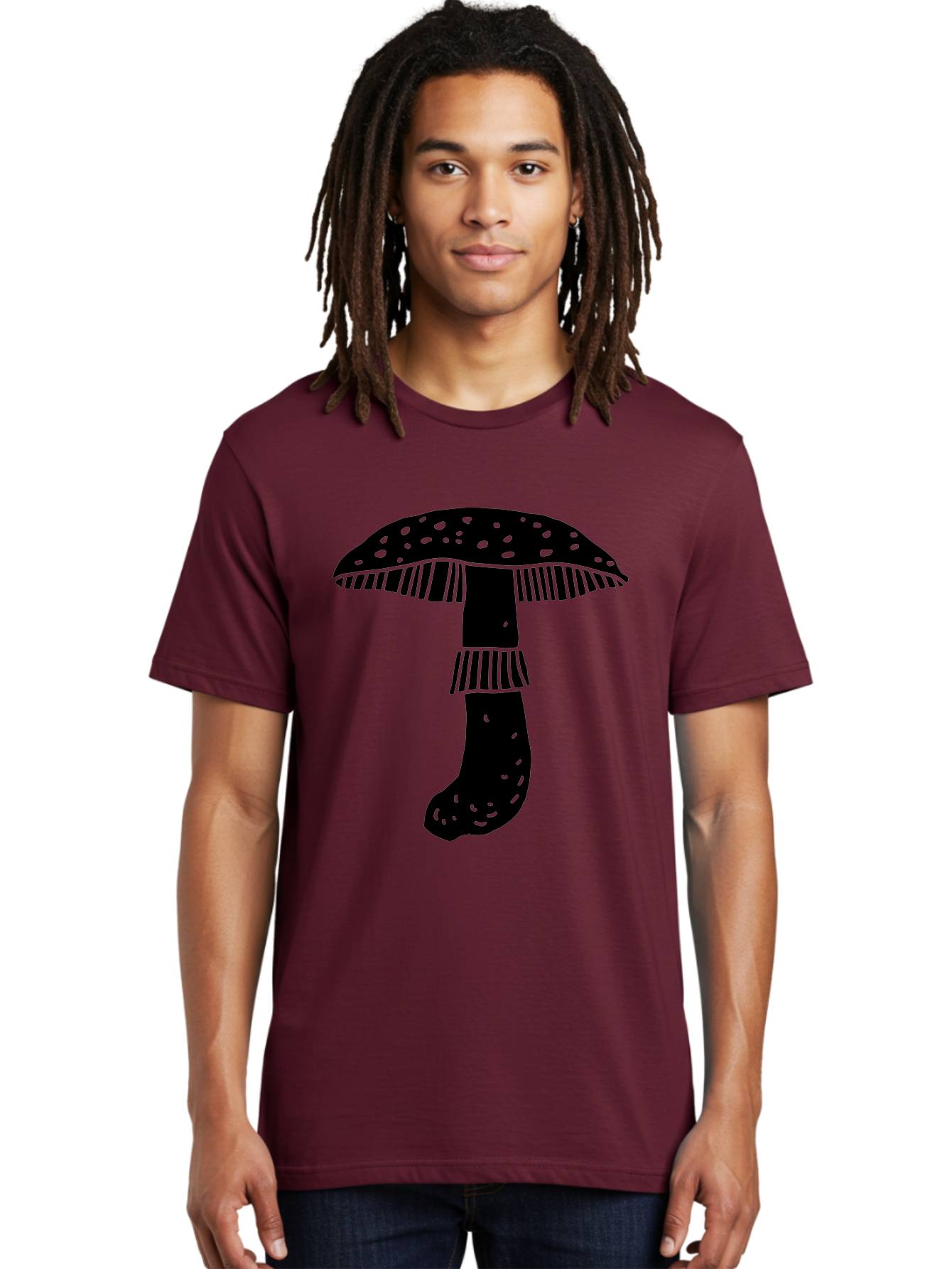 Mushroom-1 Men'S Graphic Tee, 100% Cotton, Comfortable Casual Summer Wear, Machine Washable, Mushroom Illustration, Black Silhouette, Spotted Cap, Striped Stem, Fungal Art, Whimsical Design, Fantasy Elements, Graphic Design -  Aaa605