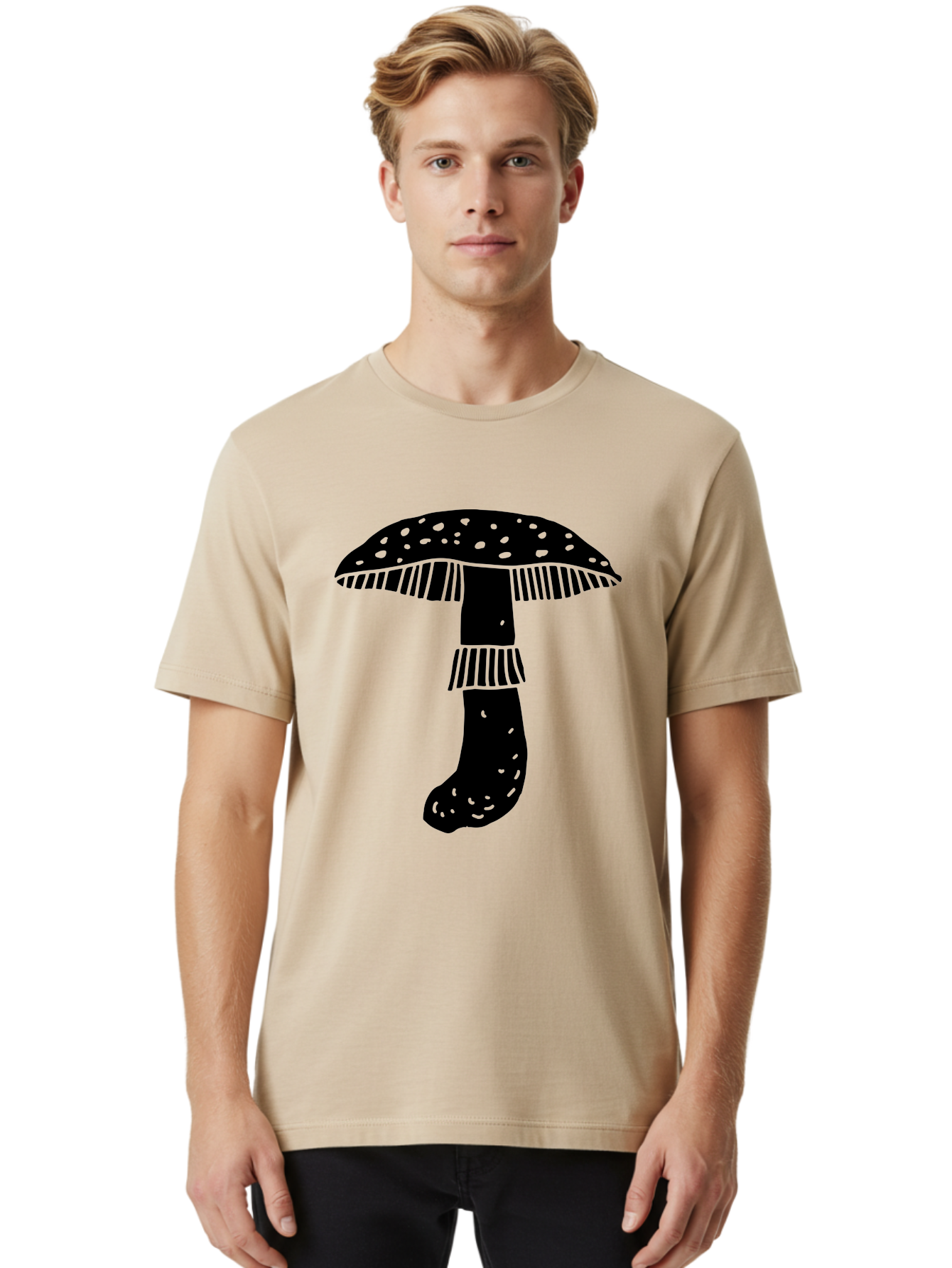 Mushroom-1 Men'S Graphic Tee, 100% Cotton, Comfortable Casual Summer Wear, Machine Washable, Mushroom Illustration, Black Silhouette, Spotted Cap, Striped Stem, Fungal Art, Whimsical Design, Fantasy Elements, Graphic Design -  Aaa605