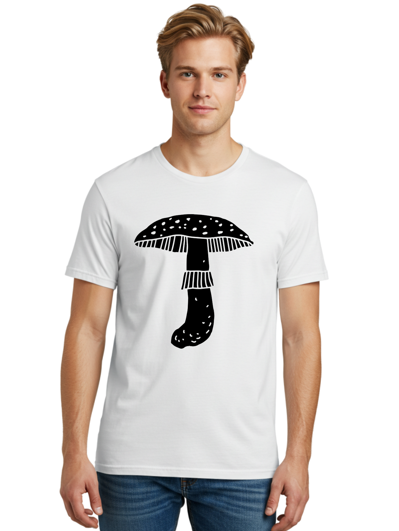 Mushroom-1 Men'S Graphic Tee, 100% Cotton, Comfortable Casual Summer Wear, Machine Washable, Mushroom Illustration, Black Silhouette, Spotted Cap, Striped Stem, Fungal Art, Whimsical Design, Fantasy Elements, Graphic Design -  Aaa605