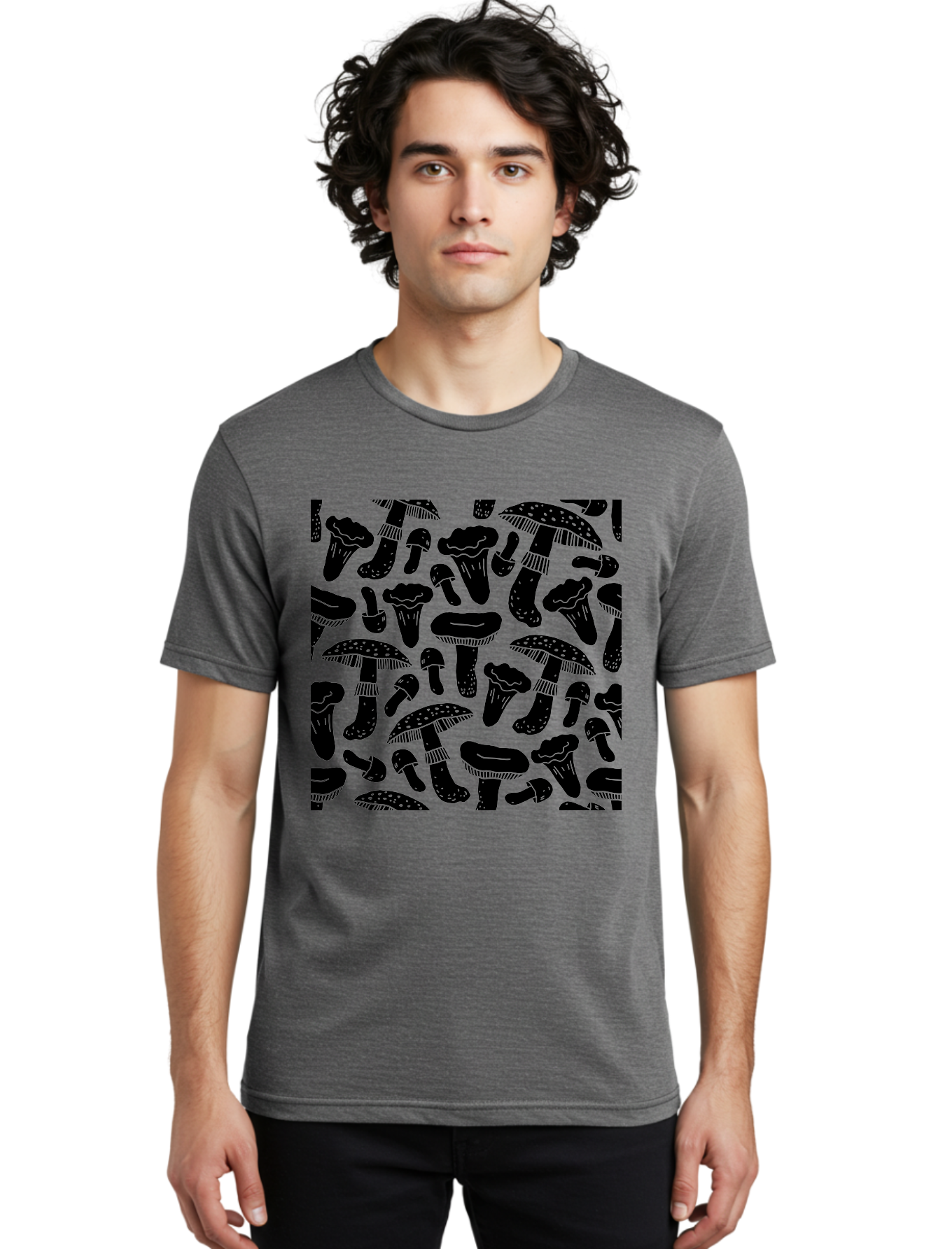 Mushroom-Pattern Men'S Graphic Tee, 100% Cotton, Comfortable Casual Summer Wear, Machine Washable, Mushroom Patterns, Fantasy Fungi, Black Silhouettes, Detailed Illustrations, Whimsical Design, Stylized Mushrooms, Nature-Inspired Art, -  Aaa607