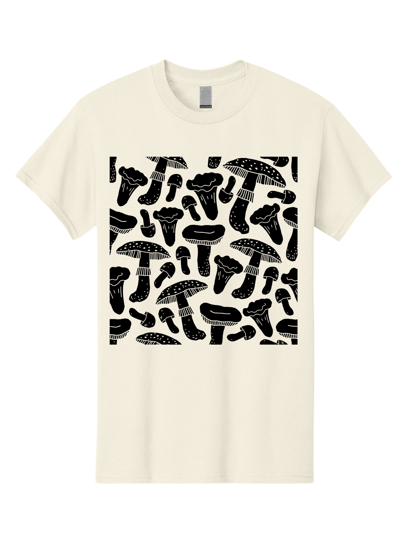 Mushroom-Pattern Men'S Graphic Tee, 100% Cotton, Comfortable Casual Summer Wear, Machine Washable, Mushroom Patterns, Fantasy Fungi, Black Silhouettes, Detailed Illustrations, Whimsical Design, Stylized Mushrooms, Nature-Inspired Art, -  Aaa607