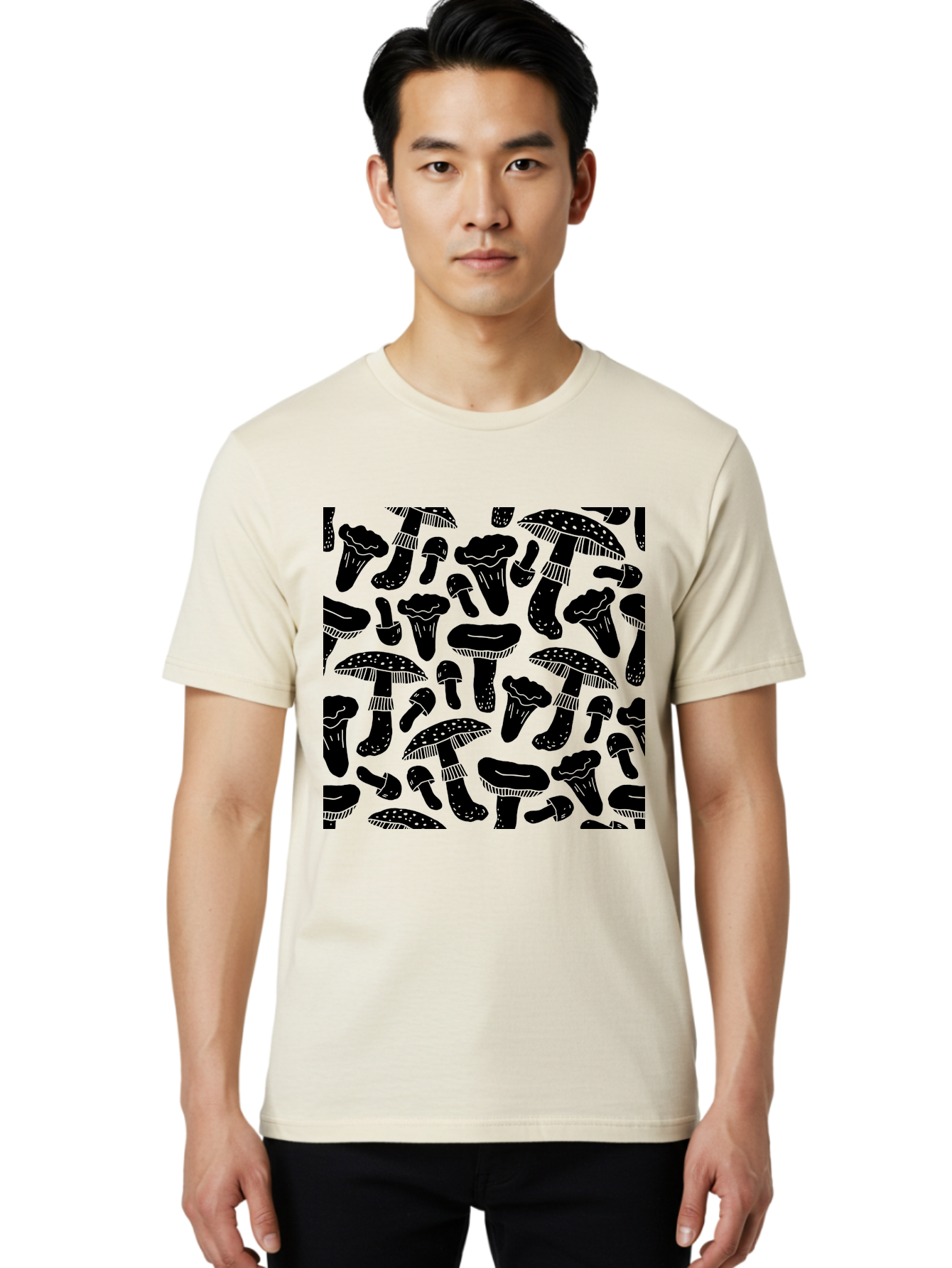 Mushroom-Pattern Men'S Graphic Tee, 100% Cotton, Comfortable Casual Summer Wear, Machine Washable, Mushroom Patterns, Fantasy Fungi, Black Silhouettes, Detailed Illustrations, Whimsical Design, Stylized Mushrooms, Nature-Inspired Art, -  Aaa607