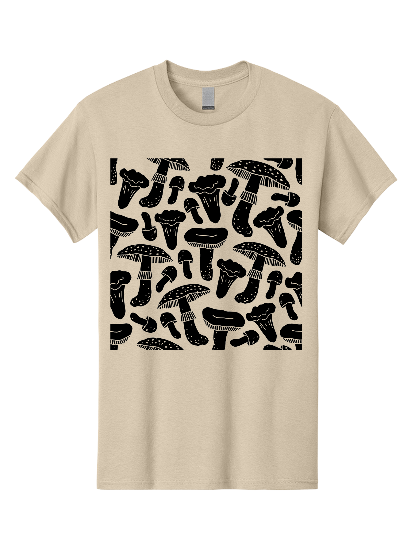 Mushroom-Pattern Men'S Graphic Tee, 100% Cotton, Comfortable Casual Summer Wear, Machine Washable, Mushroom Patterns, Fantasy Fungi, Black Silhouettes, Detailed Illustrations, Whimsical Design, Stylized Mushrooms, Nature-Inspired Art, -  Aaa607