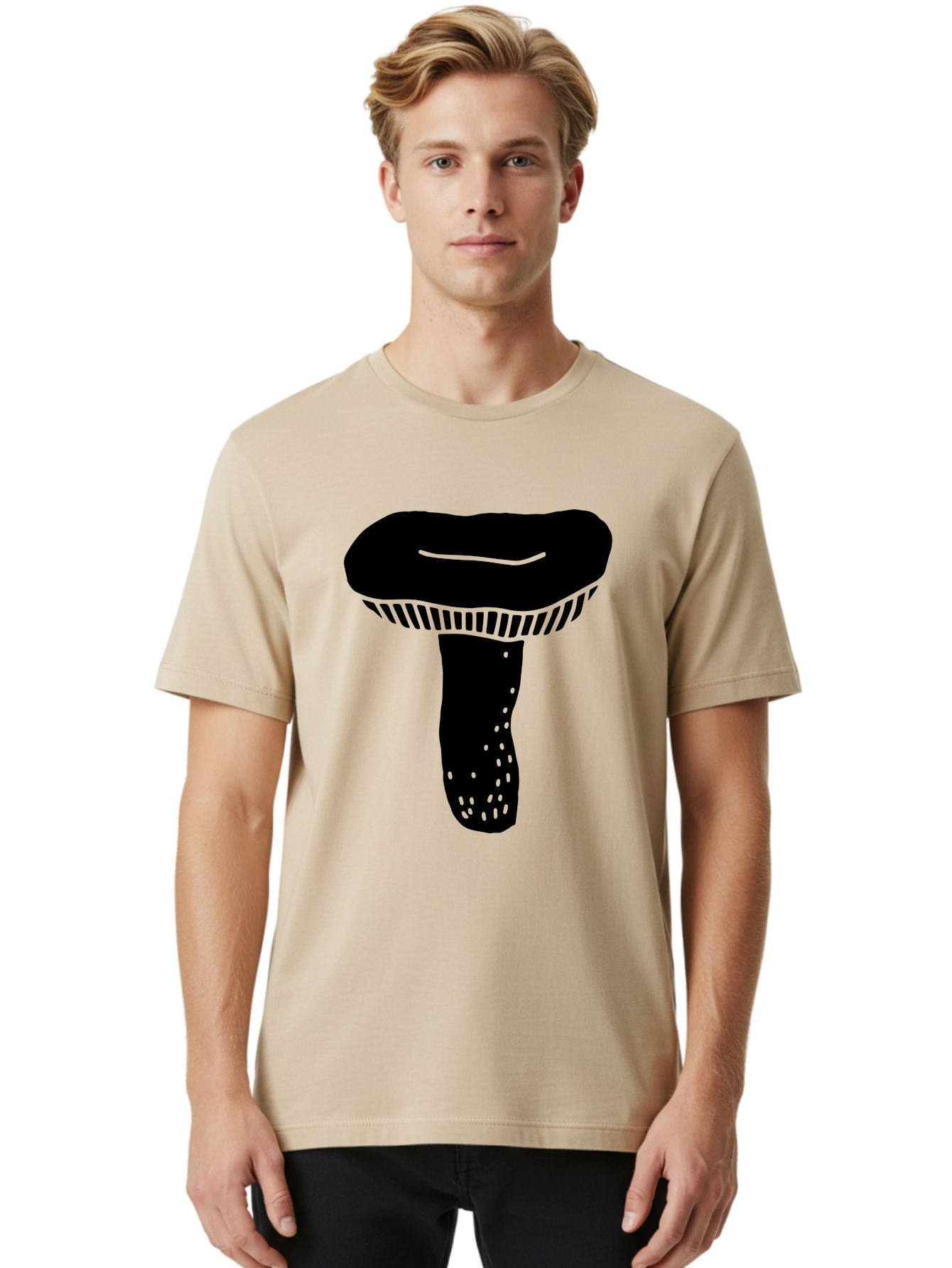 Mushroom Men'S Graphic Tee, 100% Cotton, Comfortable Casual Summer Wear, Machine Washable, Black Mushroom, Simple Design, Minimalist Art, Fungal Illustration, Stylized Fungus, Green Accents, Abstract Shape, Modern Graphics, -  Aaa608