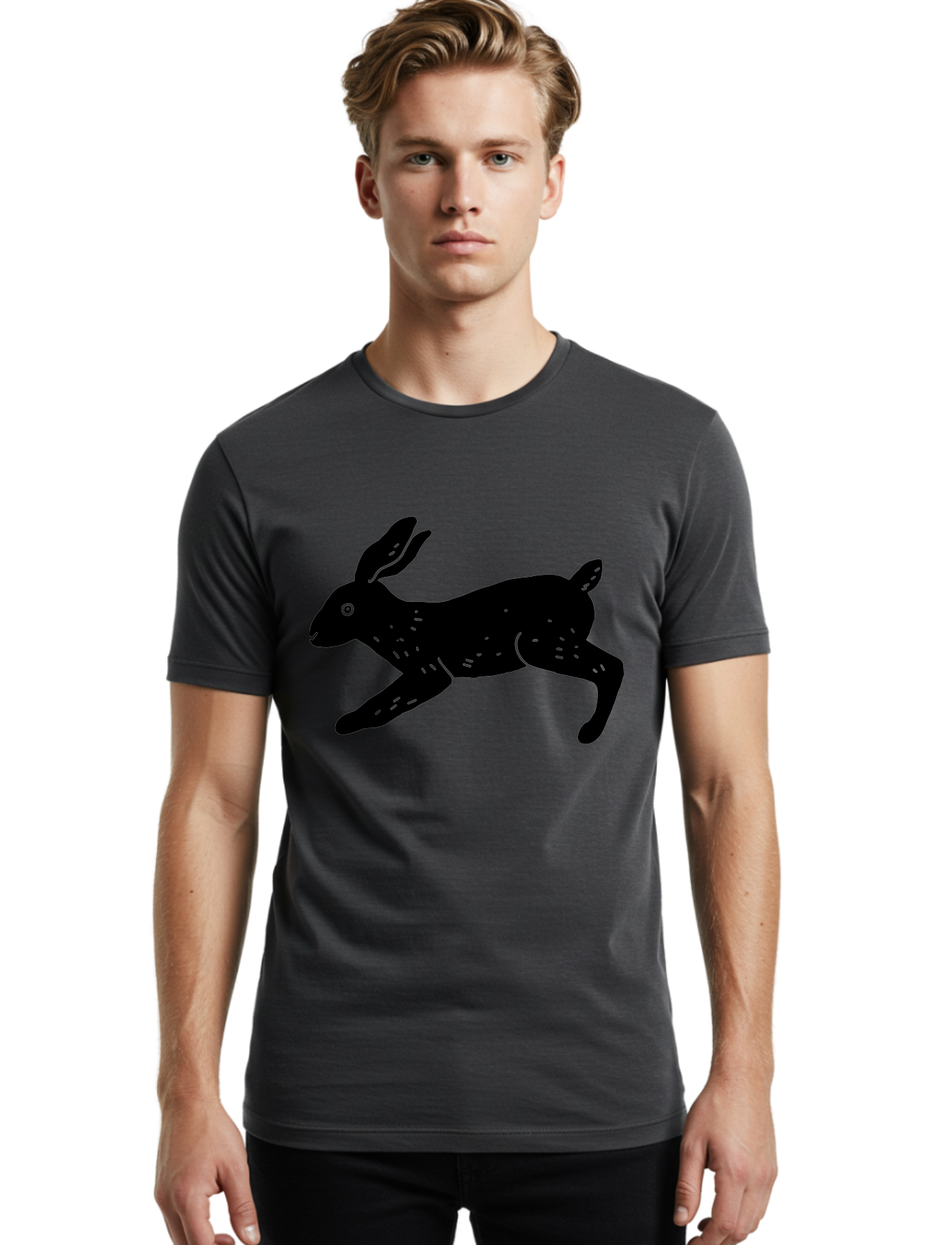 Rabbit-Silhouette Men'S Graphic Tee, 100% Cotton, Comfortable Casual Summer Wear, Machine Washable, Running Rabbit, Black Silhouette, Neon Green Accents, Dynamic Movement, Simple Design, Abstract Art, Minimalist Style, Rabbit Illustration -  Aaa610